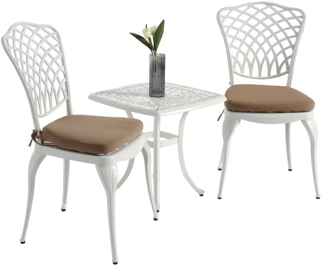 Elountik 3-Piece Bistro Set with White Cushions - Rustproof Cast Aluminum Patio Furniture: 2 Chairs & 1 Round Table for Outdoor, Garden, Balcony