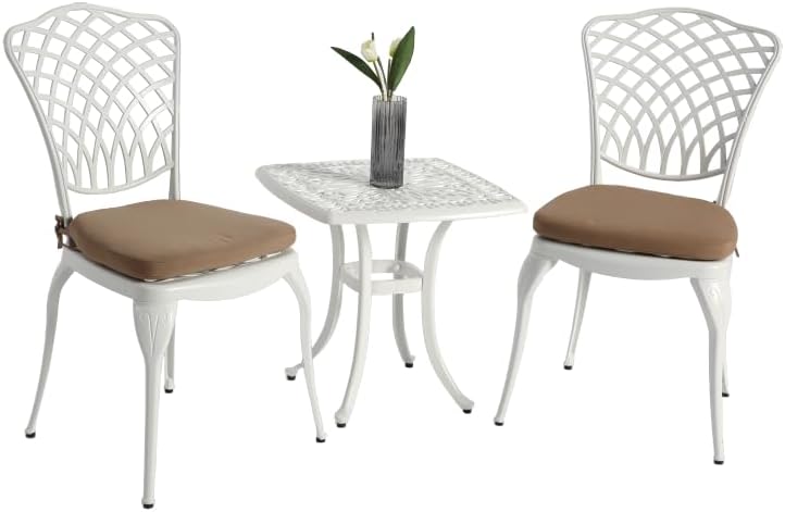 Elountik 3-Piece Bistro Set with White Cushions - Rustproof Cast Aluminum Patio Furniture: 2 Chairs & 1 Round Table for Outdoor, Garden, Balcony