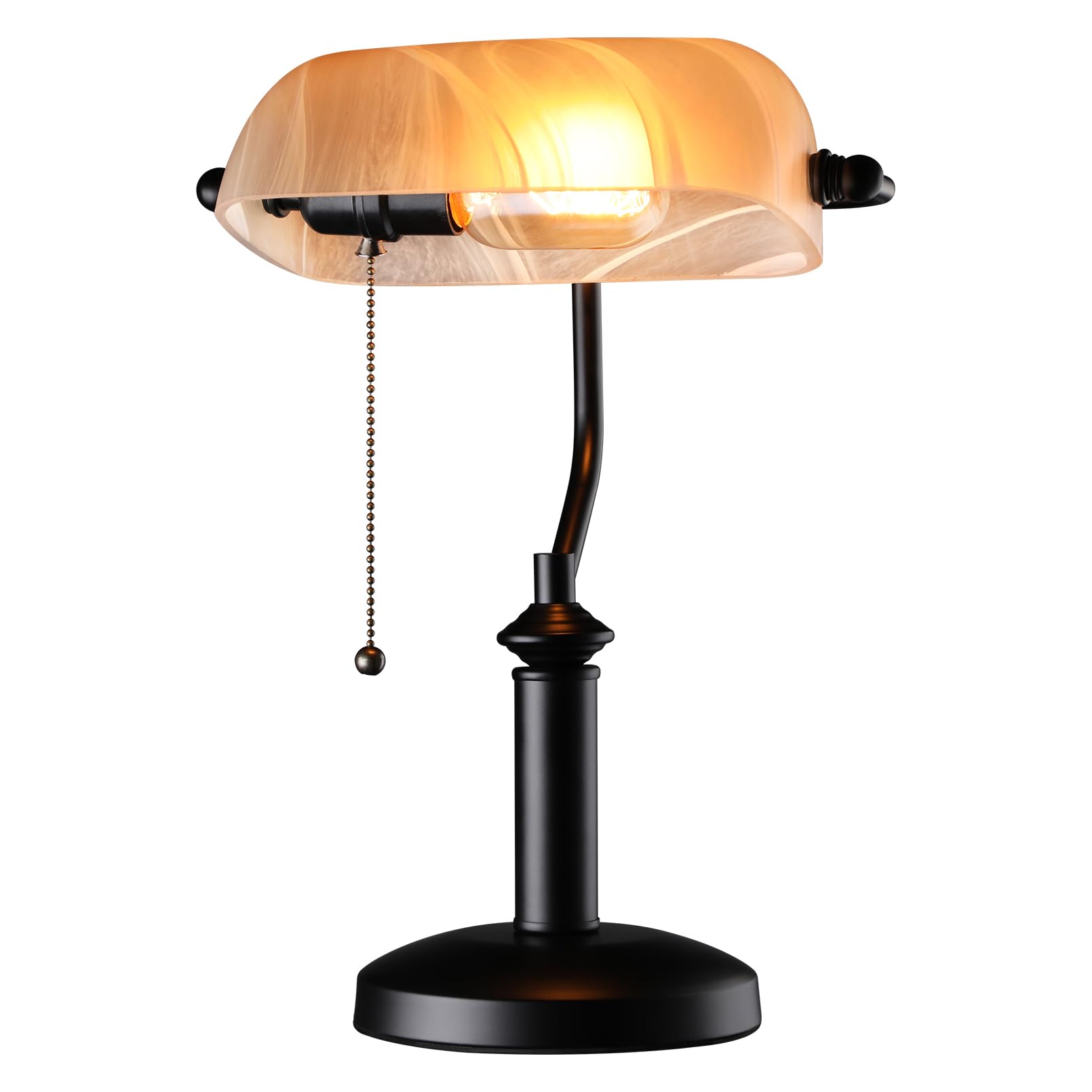 TORCHSTAR Amber Glass Bankers Desk Lamp, Antique Desk Lamps with Retro Weighted Base, Traditional Library Lamp with Pull Chain, E26 Base, Vintage Desk Lamp for Office, Study Room(Matted Orange)