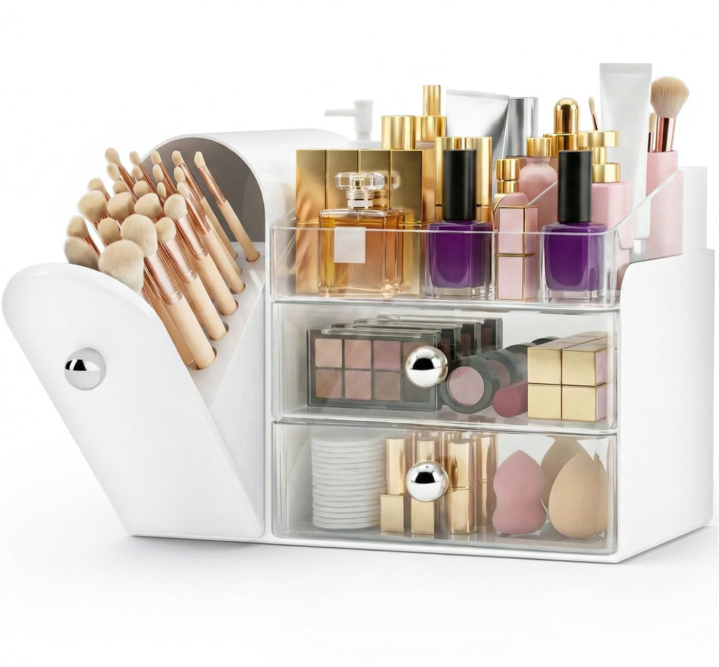 Makeup Organizer,Vanity Organizer with Makeup Brush Holder,Large Skincare Organizers with Drawers,Bathroom Countertop Organizer,Storage Lipstick,Perfume,Nail Polish,Beauty,Gifts for Woman