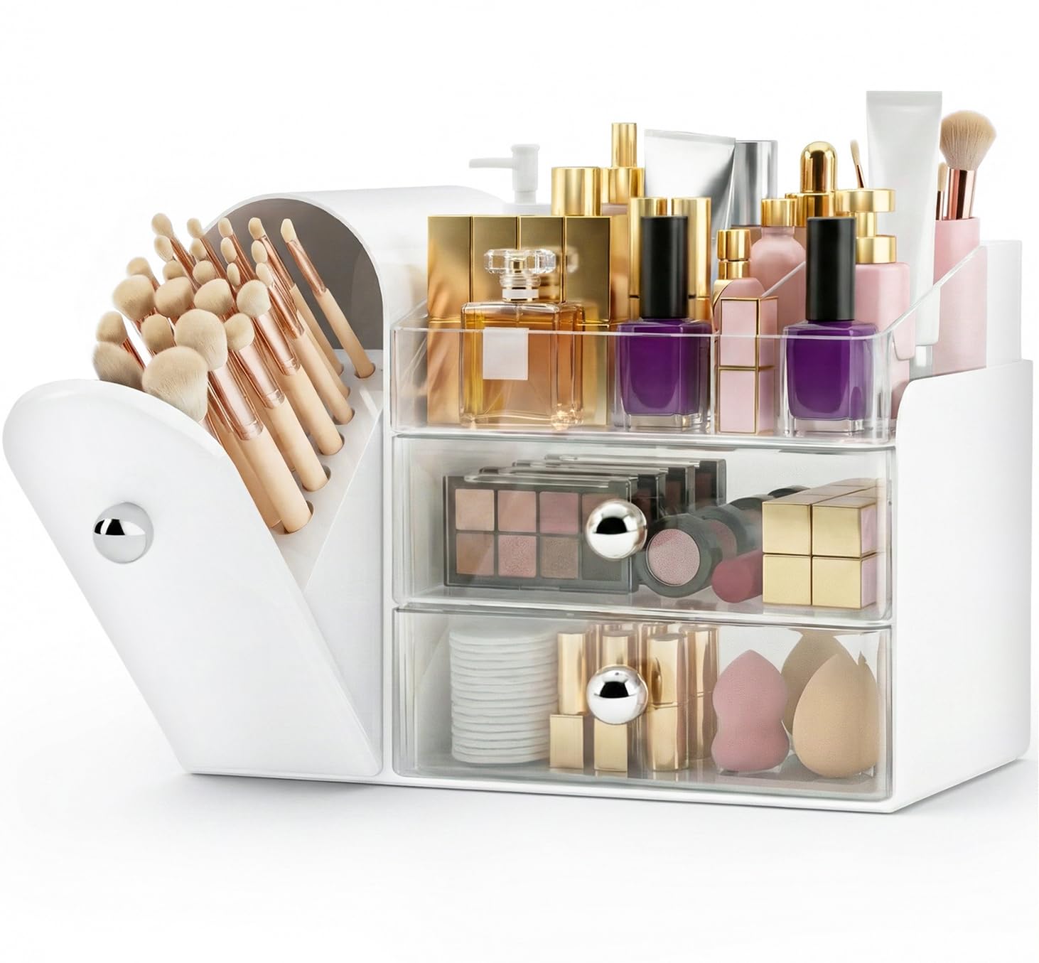 Makeup Organizer,Vanity Organizer with Makeup Brush Holder,Large Skincare Organizers with Drawers,Bathroom Countertop Organizer,Storage Lipstick,Perfume,Nail Polish,Beauty,Gifts for Woman