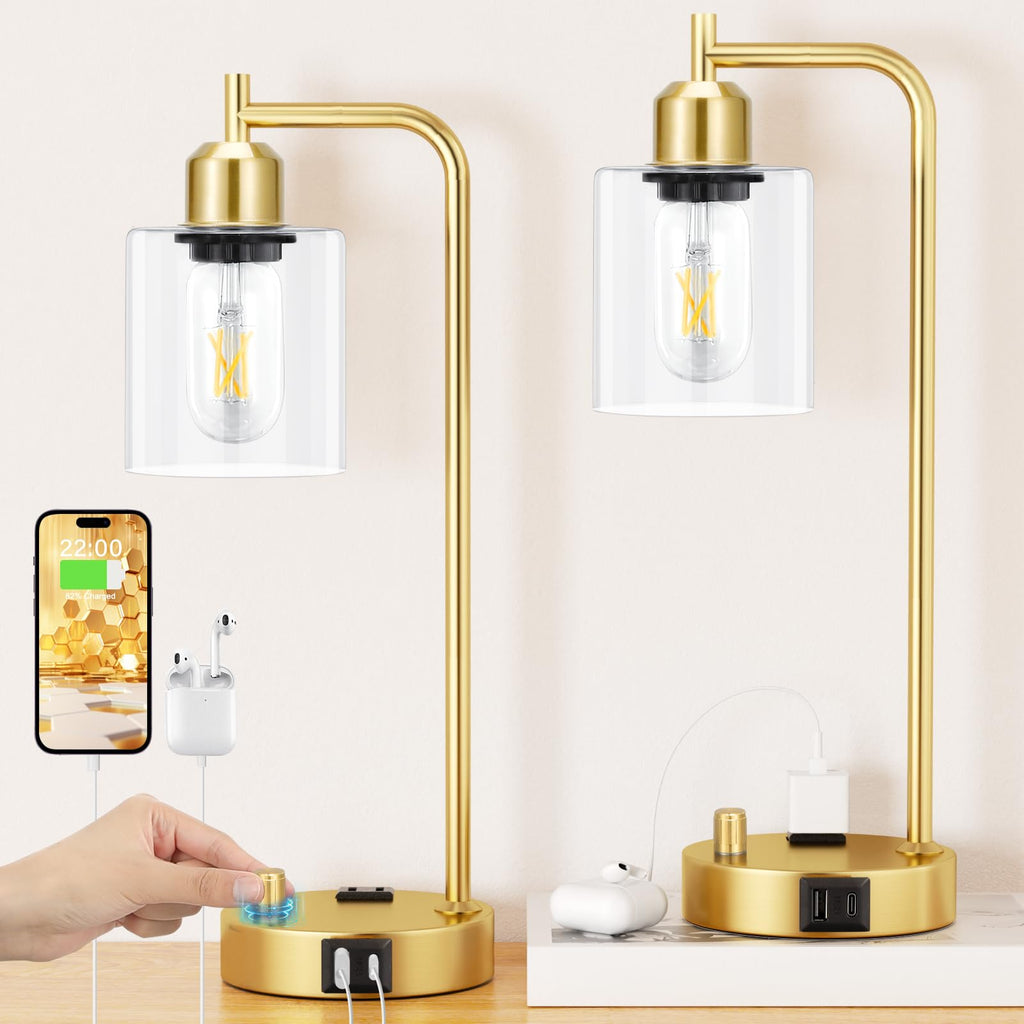 Industrial Table Lamps for Bedrooms Set of 2 - Fully Dimmable Bedside Lamps with USB A and C Ports and Outlet, Black Nightstand Lamps with Glass Shade for Living Room, Desk Lamps for Office Reading