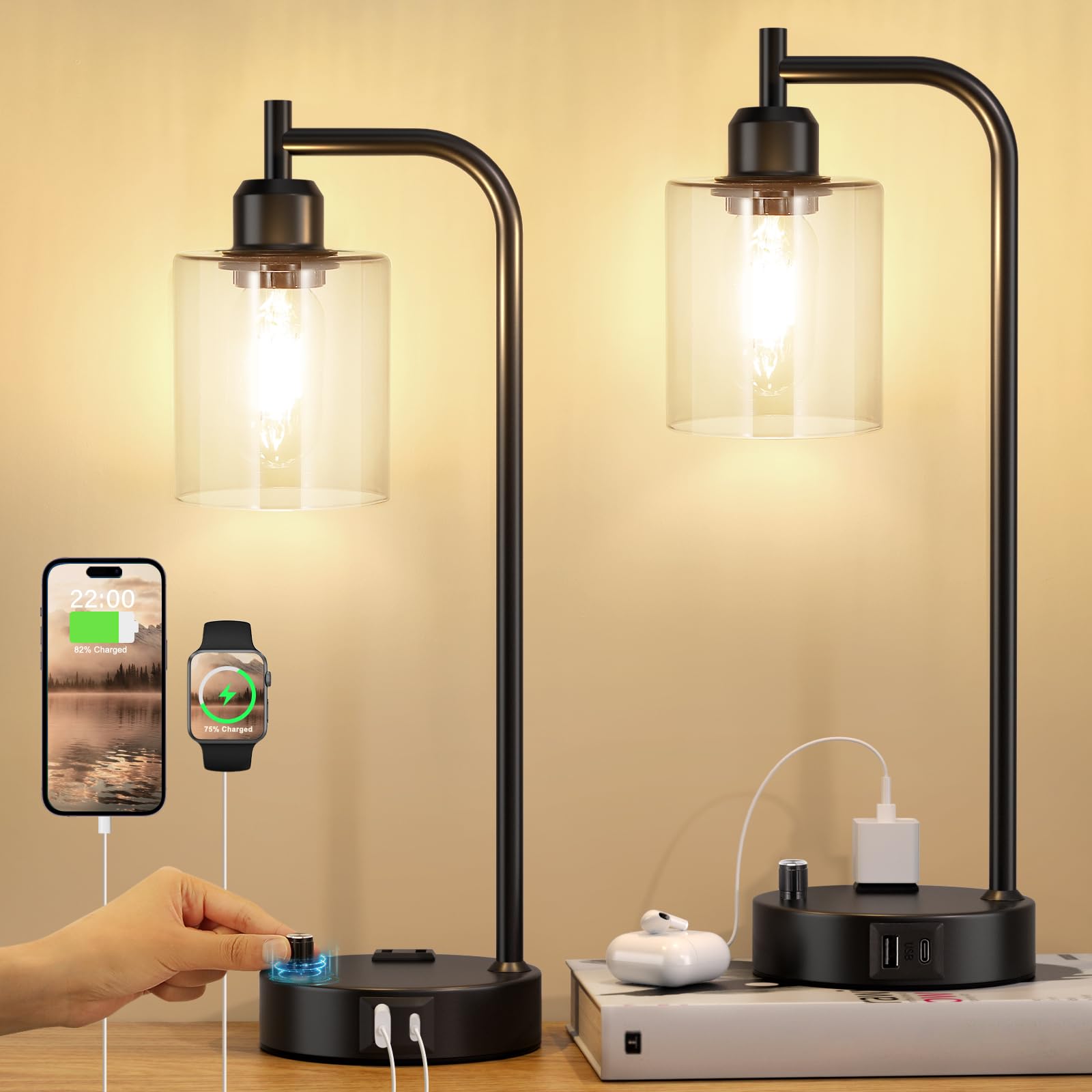 Industrial Table Lamps for Bedrooms Set of 2 - Fully Dimmable Bedside Lamps with USB A and C Ports and Outlet, Black Nightstand Lamps with Glass Shade for Living Room, Desk Lamps for Office Reading