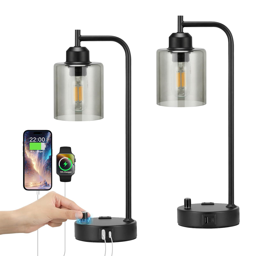 Industrial Table Lamps for Bedrooms Set of 2 - Fully Dimmable Bedside Lamps with USB A and C Ports and Outlet, Black Nightstand Lamps with Glass Shade for Living Room, Desk Lamps for Office Reading