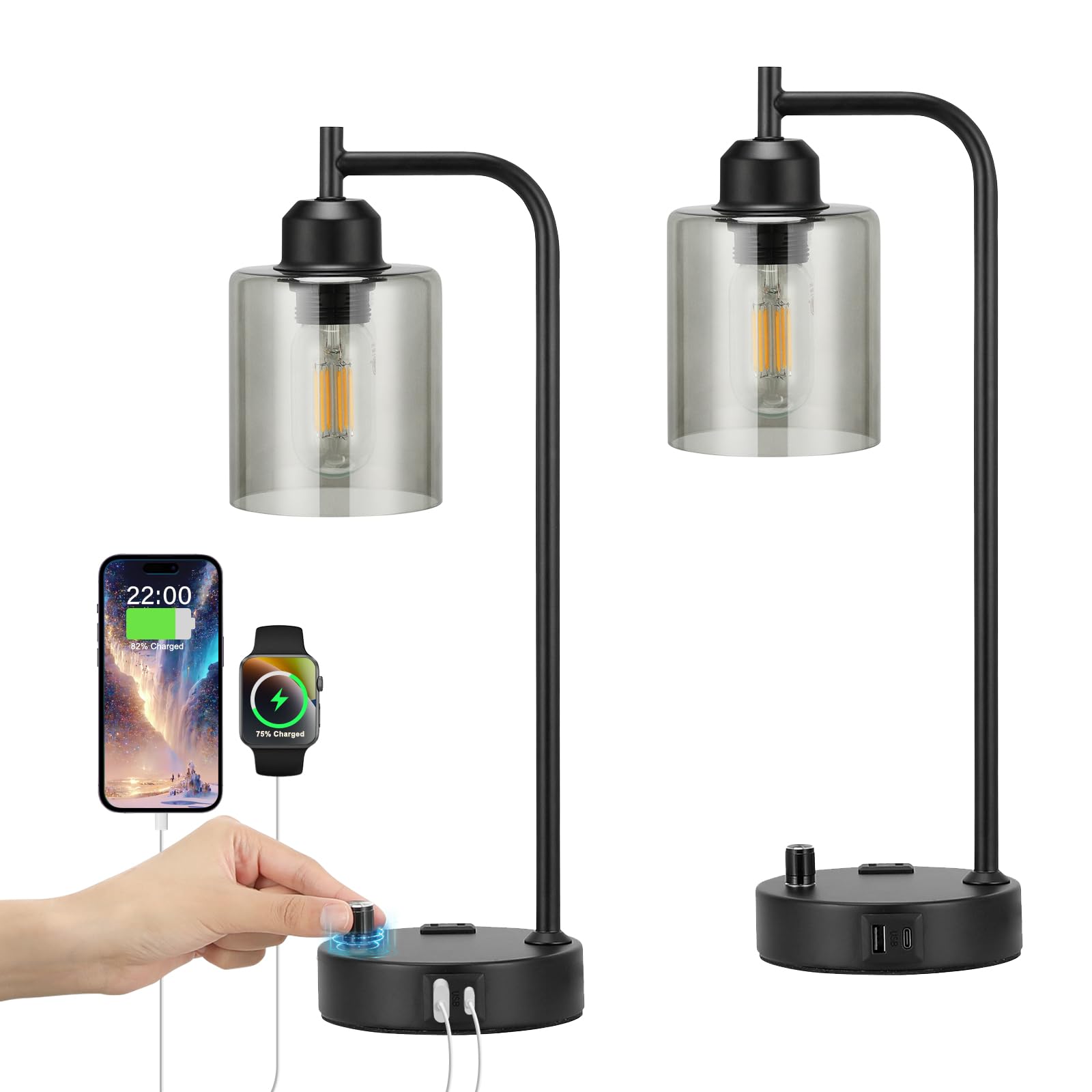 Industrial Table Lamps for Bedrooms Set of 2 - Fully Dimmable Bedside Lamps with USB A and C Ports and Outlet, Black Nightstand Lamps with Glass Shade for Living Room, Desk Lamps for Office Reading
