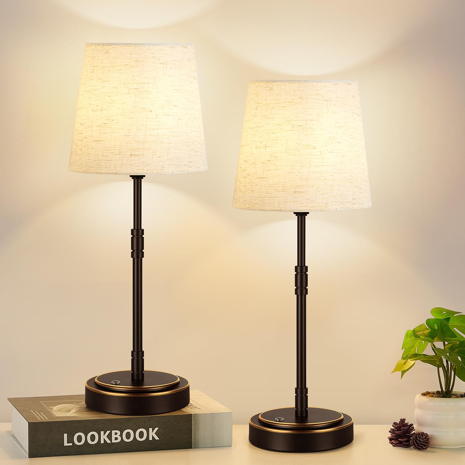Cordless Table Lamps Set of 2 – Battery Operated Lamp with 7500mAh Rechargeable Battery, Stepless Dimmable Vintage Brushed Gold Desk Wireless Lamps for Dining Room, Nightstand & Patio (Bulbs Included)