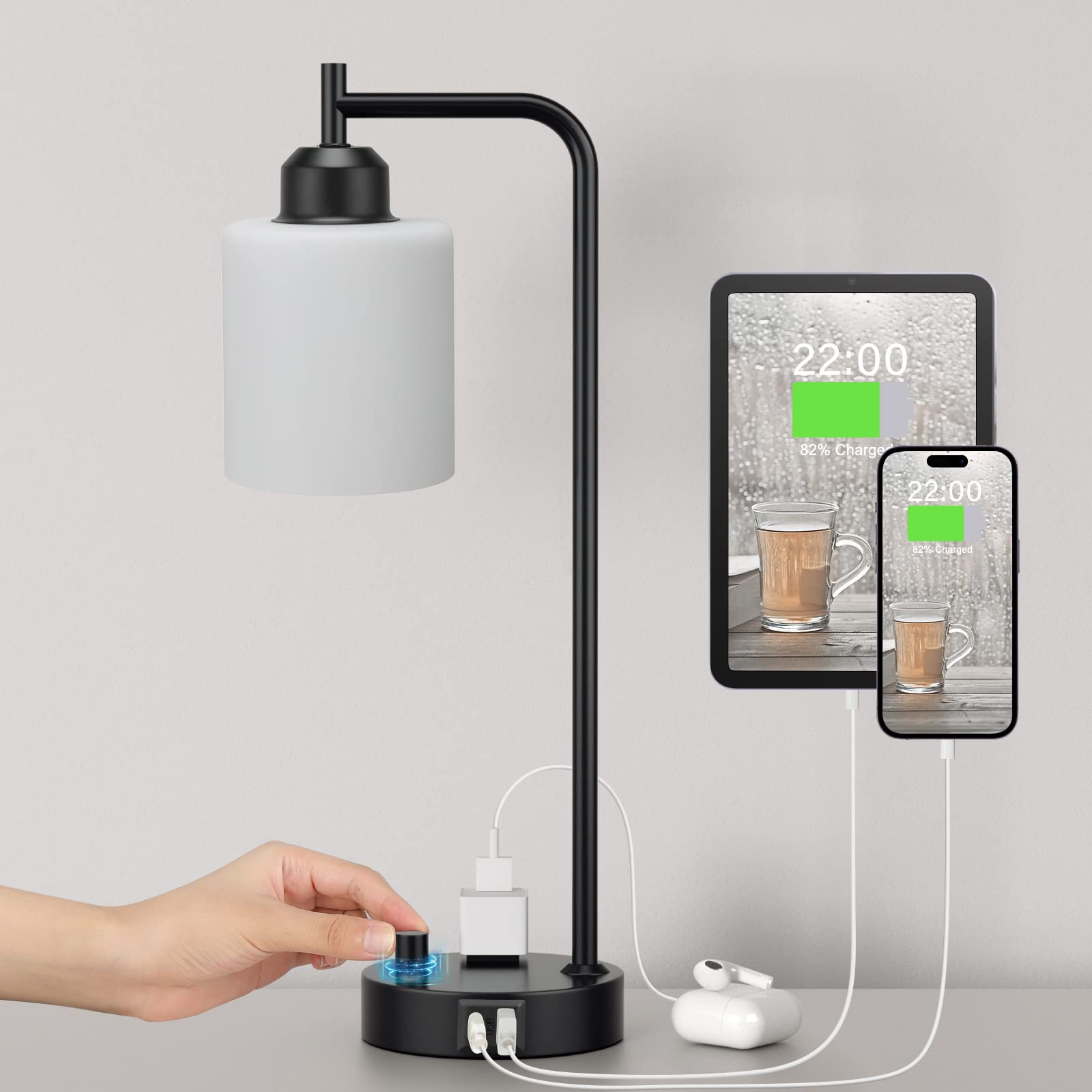 Industrial Bedside Table Lamp for Bedroom - Nightstand Lamps with USB C Charging Port, Fully Dimmable Black Ports and Outlets, Small Desk Glass Shade Office Living Room