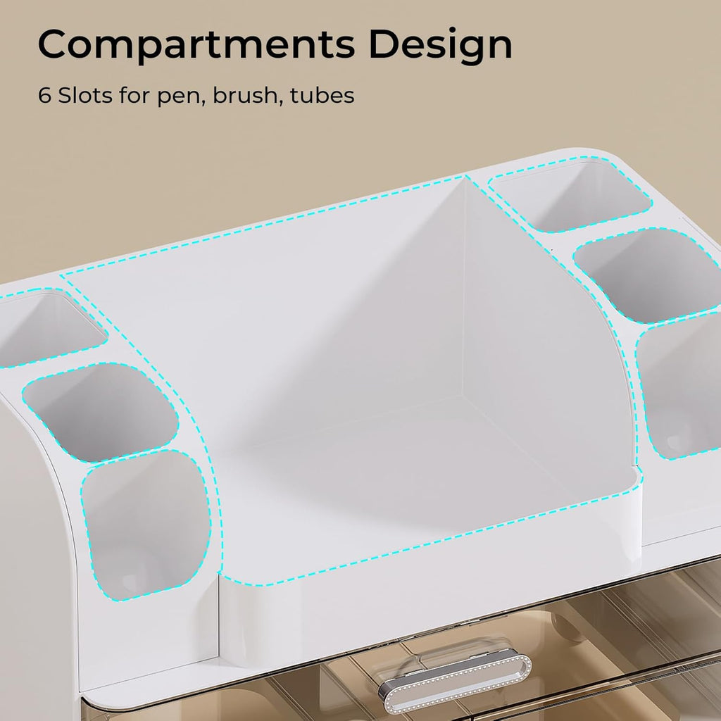 UFORU Makeup Organizer for Vanity with 2 Large Drawers, Cosmetic Display Case with Brush Holders, Easy to Storage for Bathroom Countertop Skincare, Perfume, White