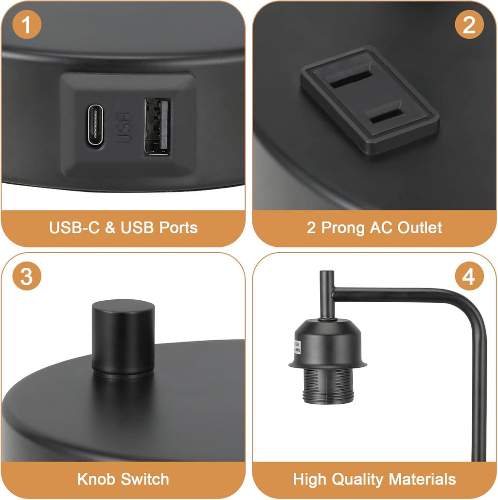 Industrial Bedside Table Lamp for Bedroom - Nightstand Lamps with USB C Charging Port, Fully Dimmable Black Ports and Outlets, Small Desk Glass Shade Office Living Room