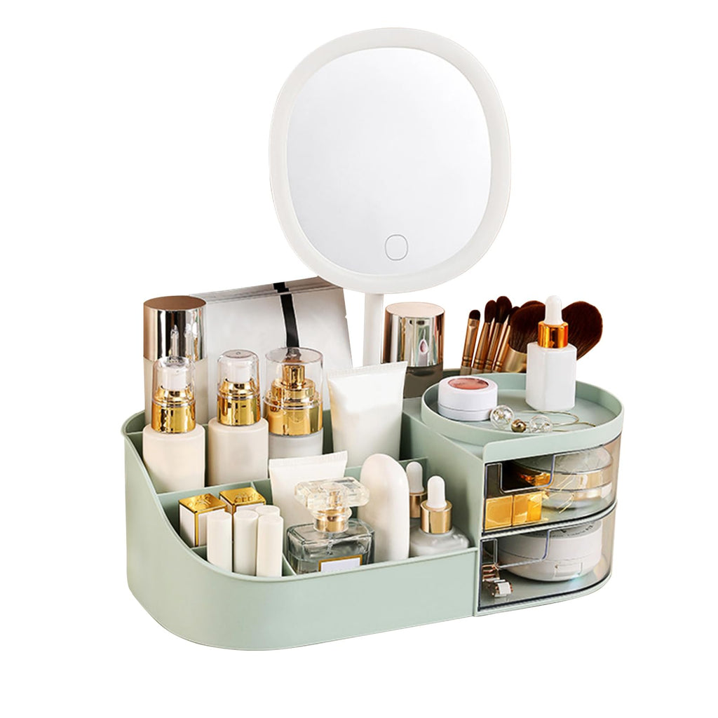 DASITON Makeup Organizer with Rechargeable Mirror,Makeup Brush Holder with 2 Drawers,Skincare and Cosmetics Organizer Countertop,Large Capacity Cosmetic Display Case for Vanity,Bedroom,Bathroom(Green)