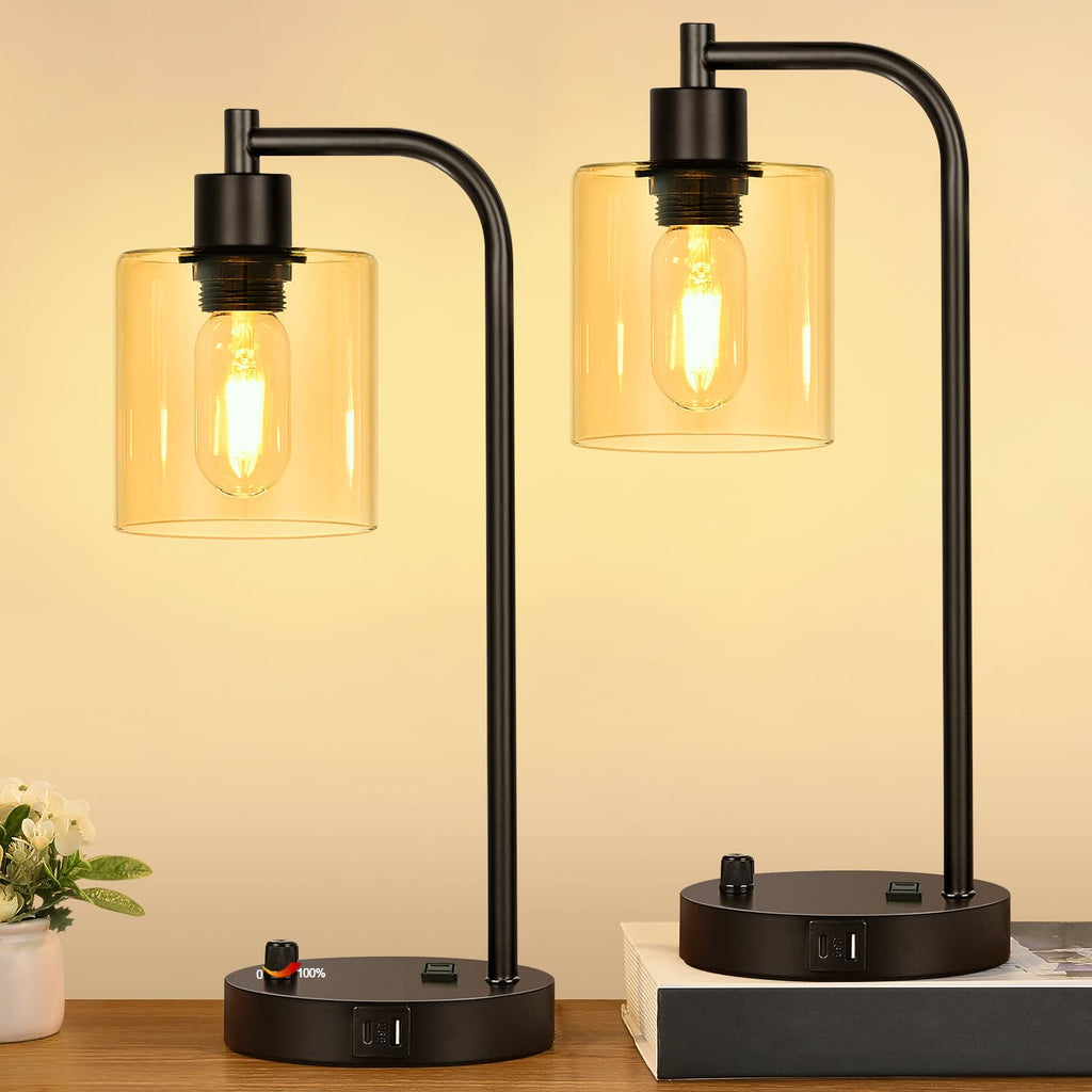 Set of 2 Industrial Table Lamps with USB C+A Ports and Outlet, Fully Stepless Dimmable Bedside Lamps for Bedrooms, Nightstand Desk Lamp with Glass Shade for Reading Living Room Office (Bulbs Included)
