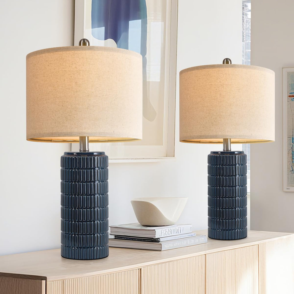 PoKat 20.75" Small Modern Ceramic Table Lamps Set of 2 for Bedroom, White Bedside Lamps for Night Stands, Farmhouse Desk Decor Gift Nightstand Table Lamps for Living Room End Table Beige