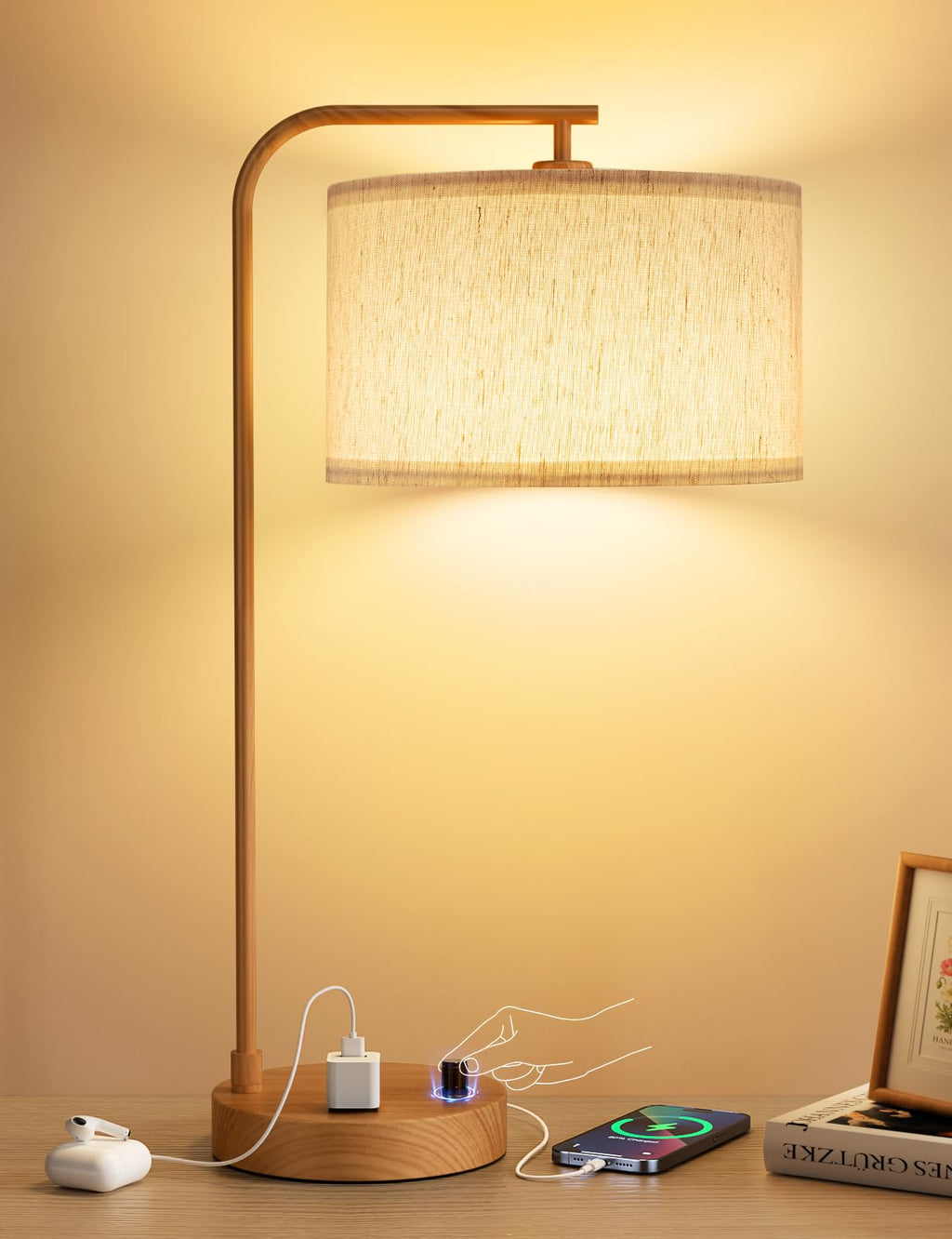 Innqoo Tall Table Lamp with USB Port and Outlet, Dimmable Nightstand Bedside Lamps with Linen Lampshade, Desk Lamp for Bedroom, Living Room, Guest Room, Home Office, LED Bulb Included