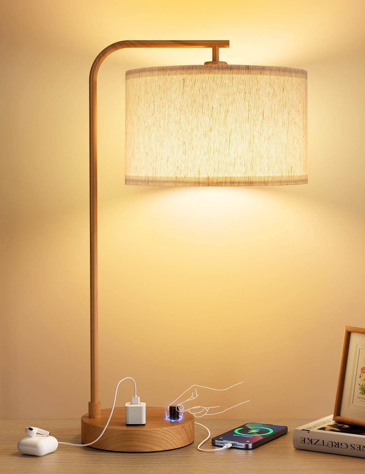 Innqoo Tall Table Lamp with USB Port and Outlet, Dimmable Nightstand Bedside Lamps with Linen Lampshade, Desk Lamp for Bedroom, Living Room, Guest Room, Home Office, LED Bulb Included