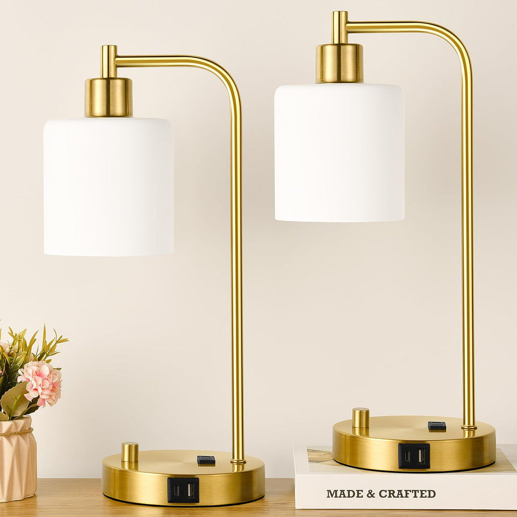 Set of 2 Industrial Table Lamps with USB C+A Ports and Outlet, Fully Stepless Dimmable Bedside Lamps for Bedrooms, Nightstand Desk Lamp with Glass Shade for Reading Living Room Office (Bulbs Included)
