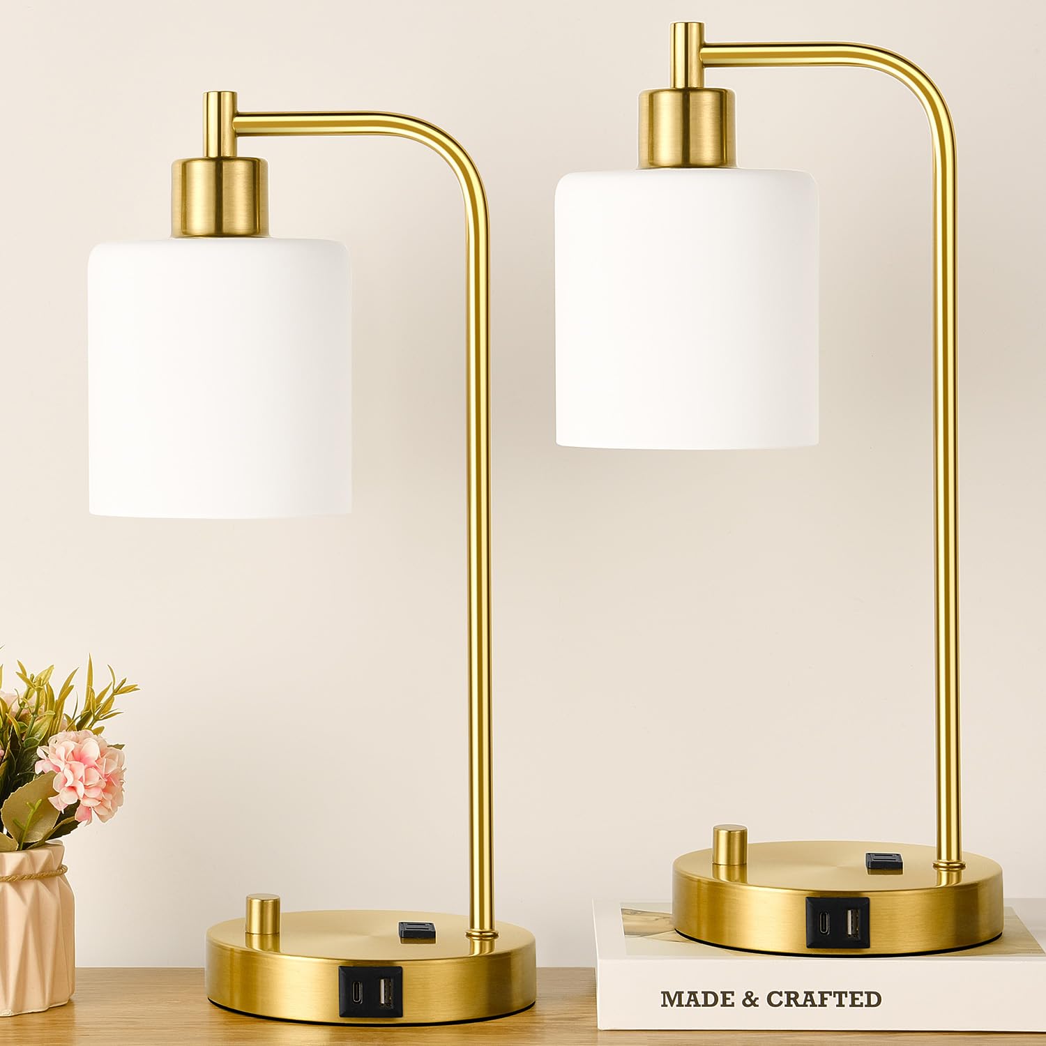 Set of 2 Industrial Table Lamps with USB C+A Ports and Outlet, Fully Stepless Dimmable Bedside Lamps for Bedrooms, Nightstand Desk Lamp with Glass Shade for Reading Living Room Office (Bulbs Included)