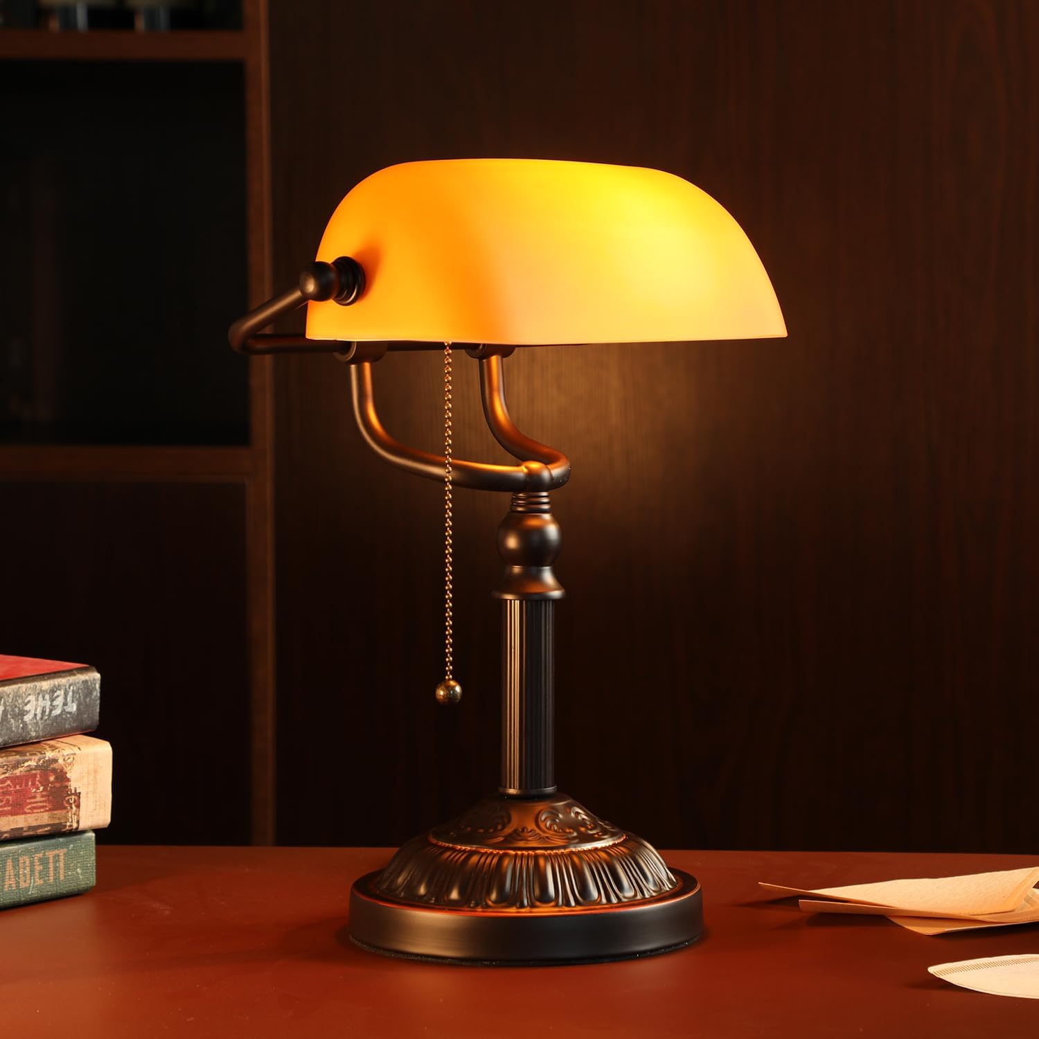 TORCHSTAR Amber Glass Bankers Desk Lamp, Antique Desk Lamps with Retro Weighted Base, Traditional Library Lamp with Pull Chain, E26 Base, Vintage Desk Lamp for Office, Study Room(Matted Orange)