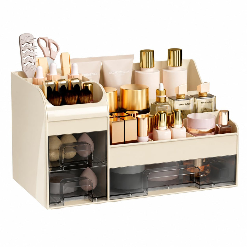 Makeup Organizer with Drawers,Large Cosmetic Storage Box,Countertop Skincare Organizer,ABS Makeup Brush Holder for Bathroom,Desk,Dresser,Multifunctional Beauty Display Case,Black transparent