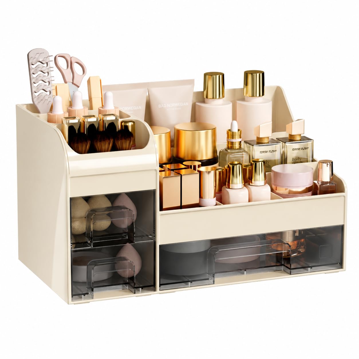 Makeup Organizer with Drawers,Large Cosmetic Storage Box,Countertop Skincare Organizer,ABS Makeup Brush Holder for Bathroom,Desk,Dresser,Multifunctional Beauty Display Case,Black transparent