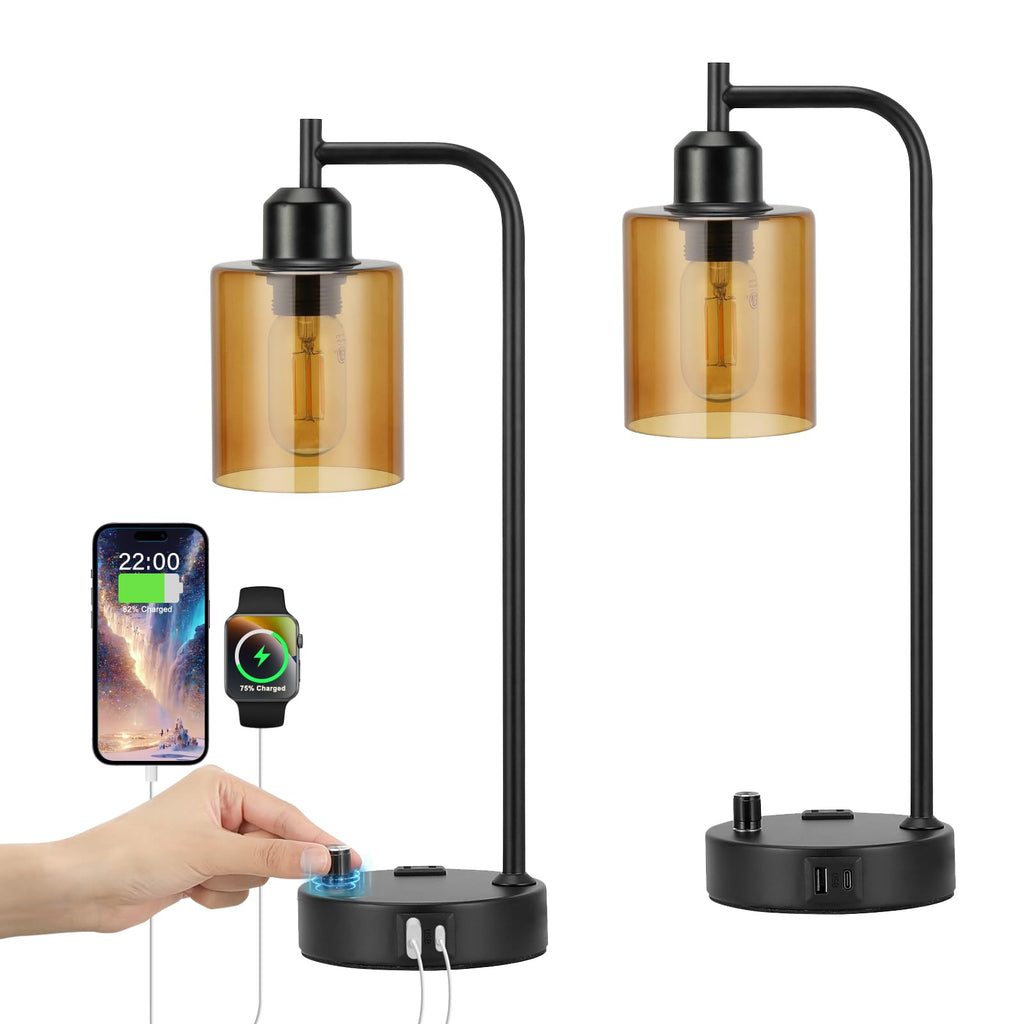 Industrial Table Lamps for Bedrooms Set of 2 - Fully Dimmable Bedside Lamps with USB A and C Ports and Outlet, Black Nightstand Lamps with Glass Shade for Living Room, Desk Lamps for Office Reading