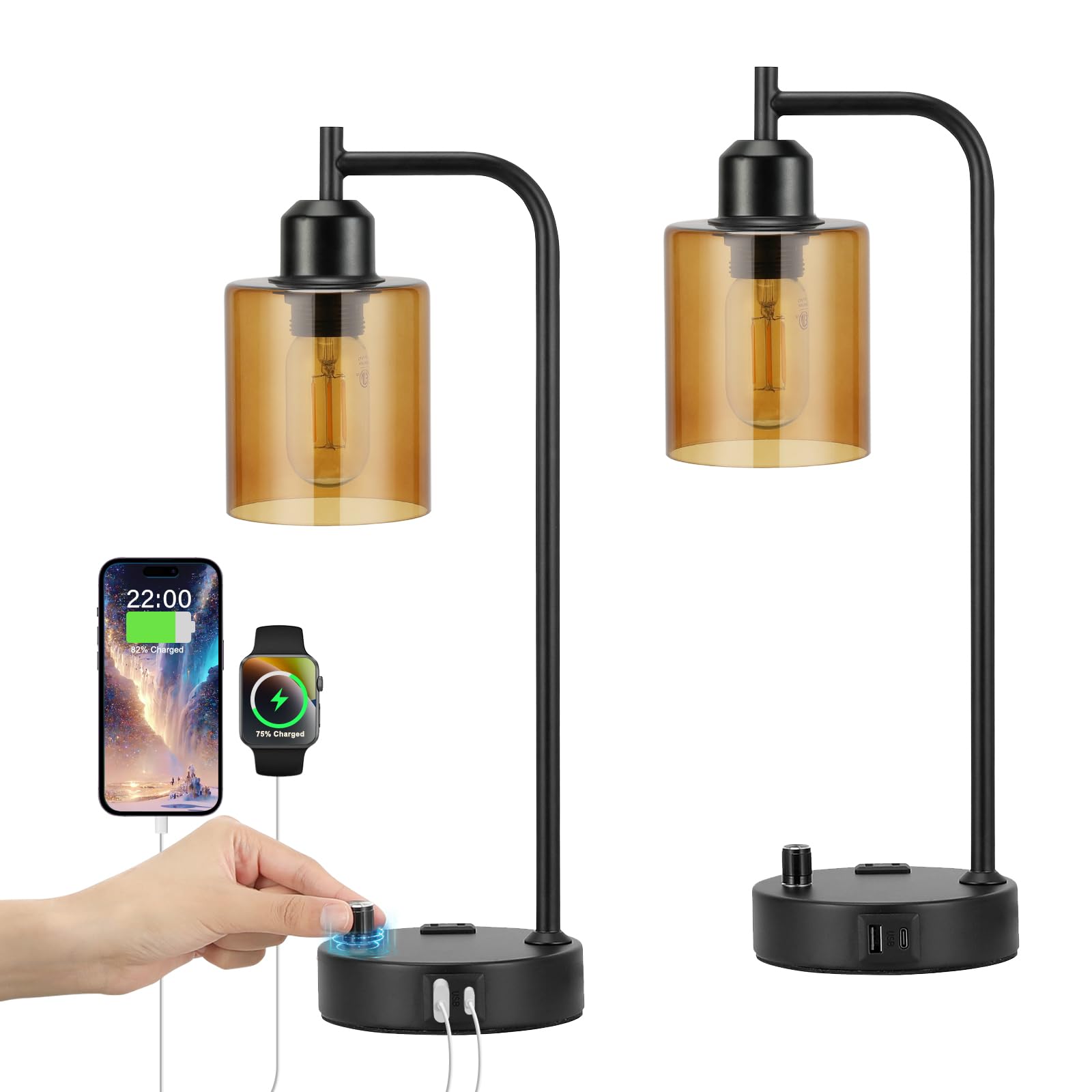 Industrial Table Lamps for Bedrooms Set of 2 - Fully Dimmable Bedside Lamps with USB A and C Ports and Outlet, Black Nightstand Lamps with Glass Shade for Living Room, Desk Lamps for Office Reading