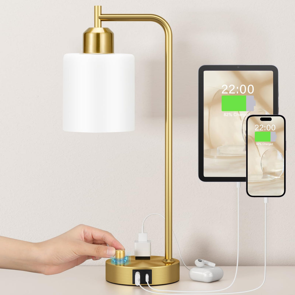 Industrial Bedside Table Lamp for Bedroom - Nightstand Lamps with USB C Charging Port, Fully Dimmable Black Ports and Outlets, Small Desk Glass Shade Office Living Room