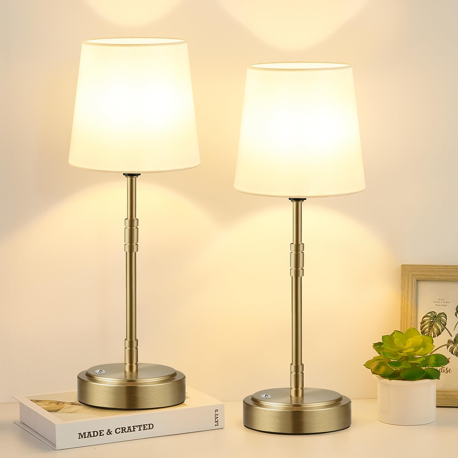 Cordless Table Lamps Set of 2 – Battery Operated Lamp with 7500mAh Rechargeable Battery, Stepless Dimmable Vintage Brushed Gold Desk Wireless Lamps for Dining Room, Nightstand & Patio (Bulbs Included)