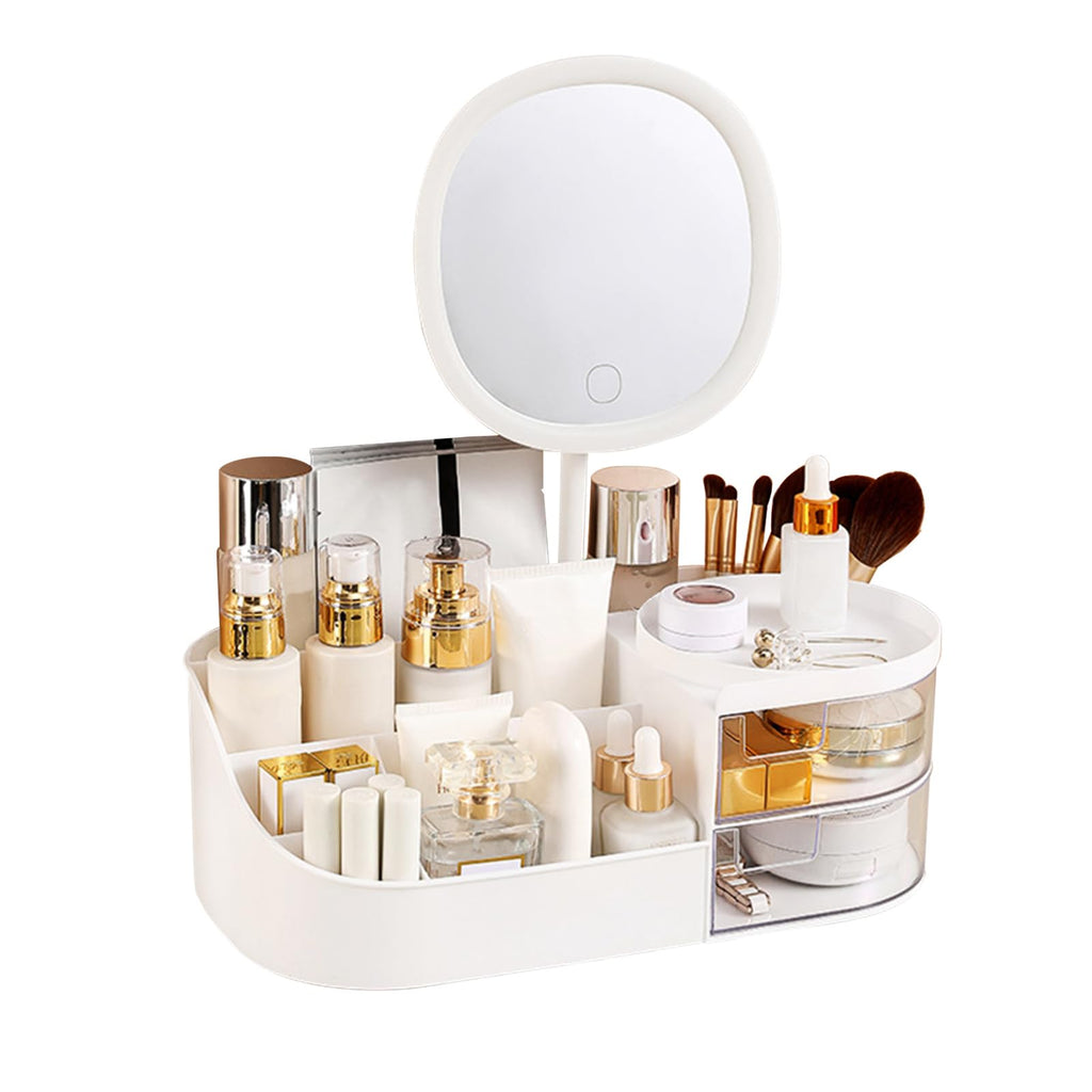 DASITON Makeup Organizer with Rechargeable Mirror,Makeup Brush Holder with 2 Drawers,Skincare and Cosmetics Organizer Countertop,Large Capacity Cosmetic Display Case for Vanity,Bedroom,Bathroom(Green)