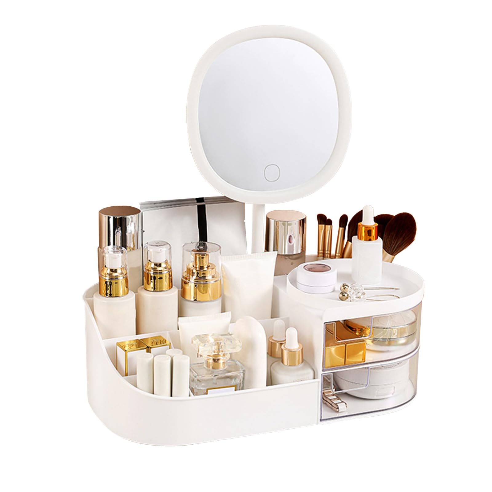 DASITON Makeup Organizer with Rechargeable Mirror,Makeup Brush Holder with 2 Drawers,Skincare and Cosmetics Organizer Countertop,Large Capacity Cosmetic Display Case for Vanity,Bedroom,Bathroom(Green)