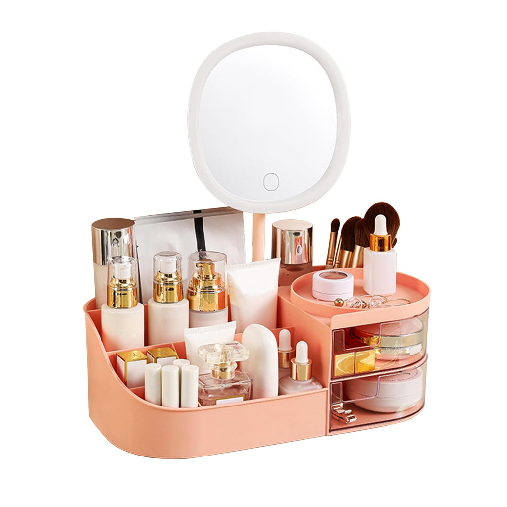 DASITON Makeup Organizer with Rechargeable Mirror,Makeup Brush Holder with 2 Drawers,Skincare and Cosmetics Organizer Countertop,Large Capacity Cosmetic Display Case for Vanity,Bedroom,Bathroom(Green)