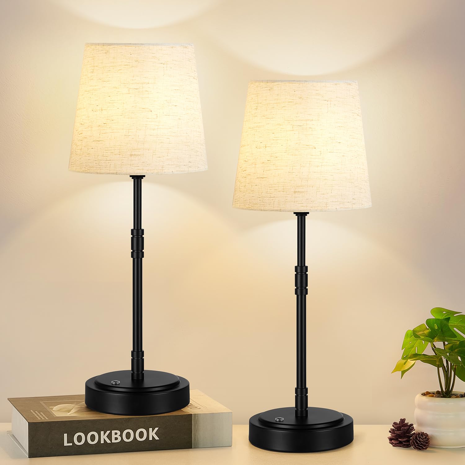 Cordless Table Lamps Set of 2 – Battery Operated Lamp with 7500mAh Rechargeable Battery, Stepless Dimmable Vintage Brushed Gold Desk Wireless Lamps for Dining Room, Nightstand & Patio (Bulbs Included)