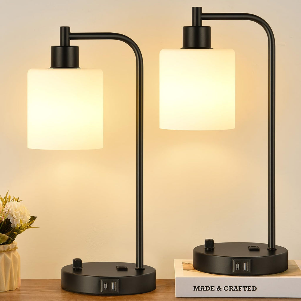 Set of 2 Industrial Table Lamps with USB C+A Ports and Outlet, Fully Stepless Dimmable Bedside Lamps for Bedrooms, Nightstand Desk Lamp with Glass Shade for Reading Living Room Office (Bulbs Included)