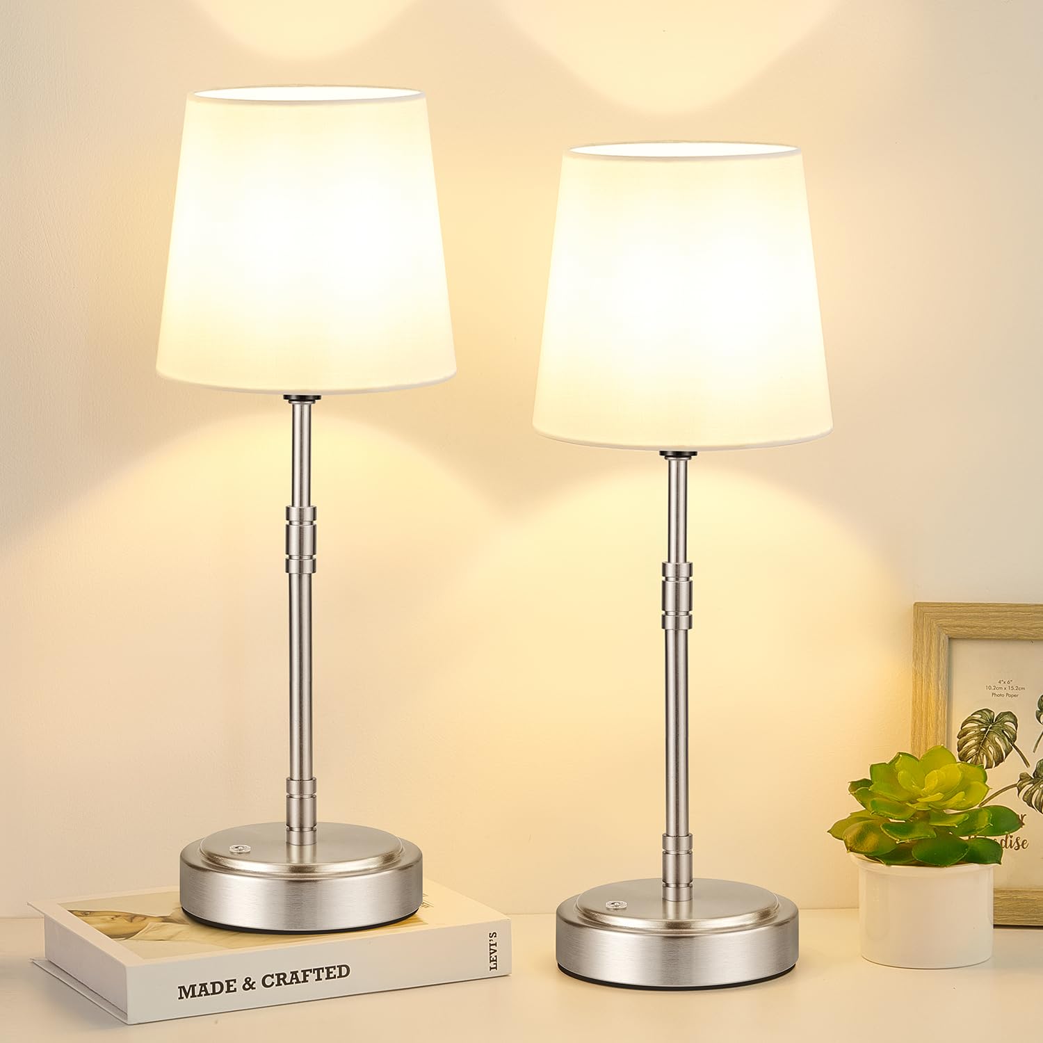Cordless Table Lamps Set of 2 – Battery Operated Lamp with 7500mAh Rechargeable Battery, Stepless Dimmable Vintage Brushed Gold Desk Wireless Lamps for Dining Room, Nightstand & Patio (Bulbs Included)