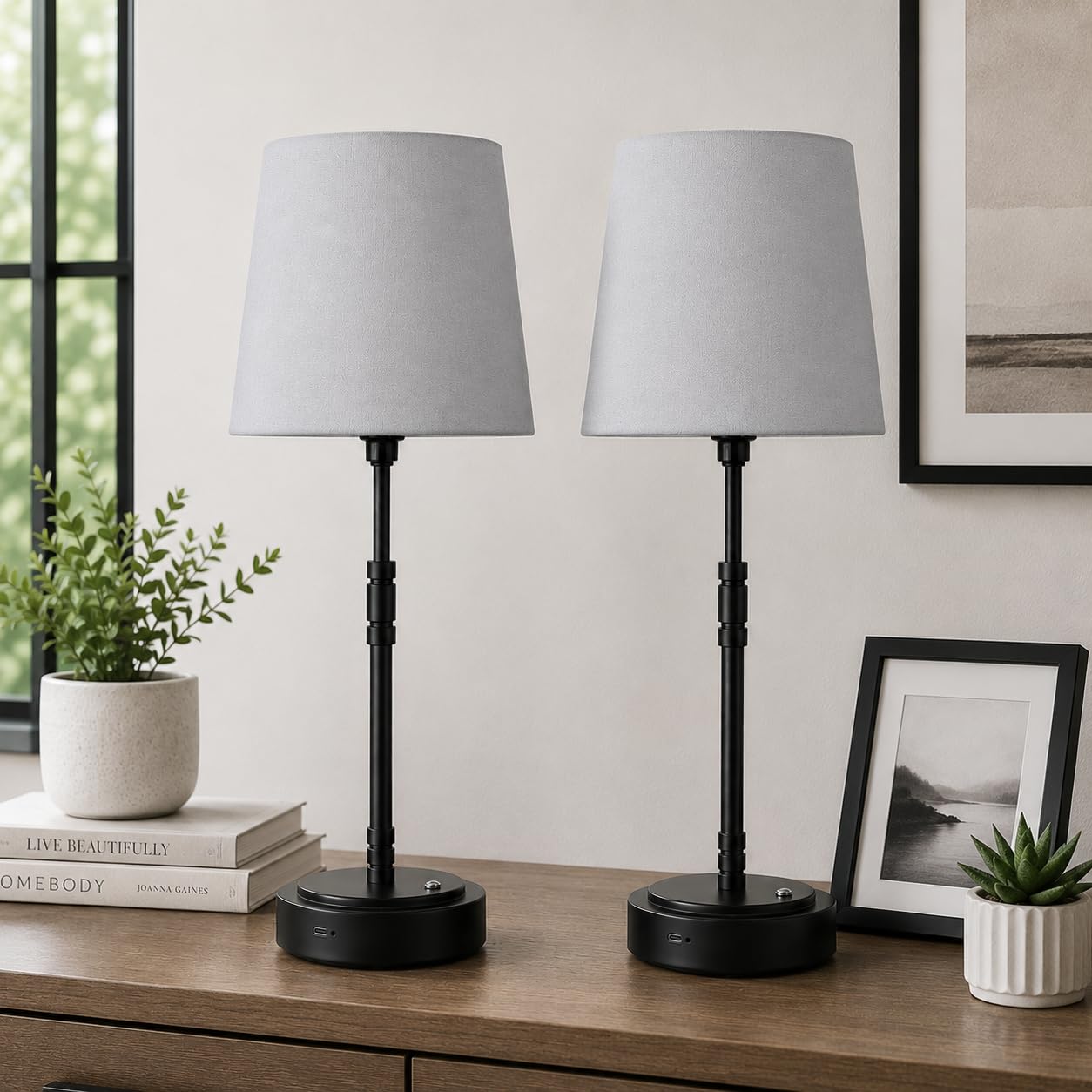 Cordless Table Lamps Set of 2 – Battery Operated Lamp with 7500mAh Rechargeable Battery, Stepless Dimmable Vintage Brushed Gold Desk Wireless Lamps for Dining Room, Nightstand & Patio (Bulbs Included)