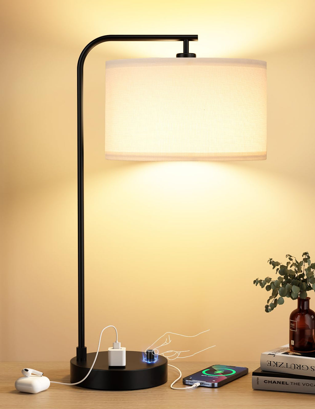 Innqoo Tall Table Lamp with USB Port and Outlet, Dimmable Nightstand Bedside Lamps with Linen Lampshade, Desk Lamp for Bedroom, Living Room, Guest Room, Home Office, LED Bulb Included