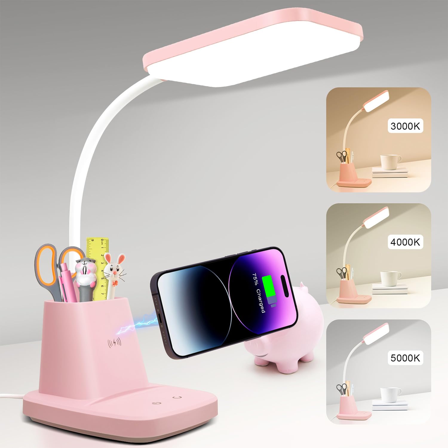 Desk Lamp, Bedside Table Lamps with Wireless Charger and Clock, 30Mins Auto-Off Night Light Lamp, 3 Color Modes Dimmable Touch 800LM CRI 95, LED Desk Lamps for Home Office, Adapter Included