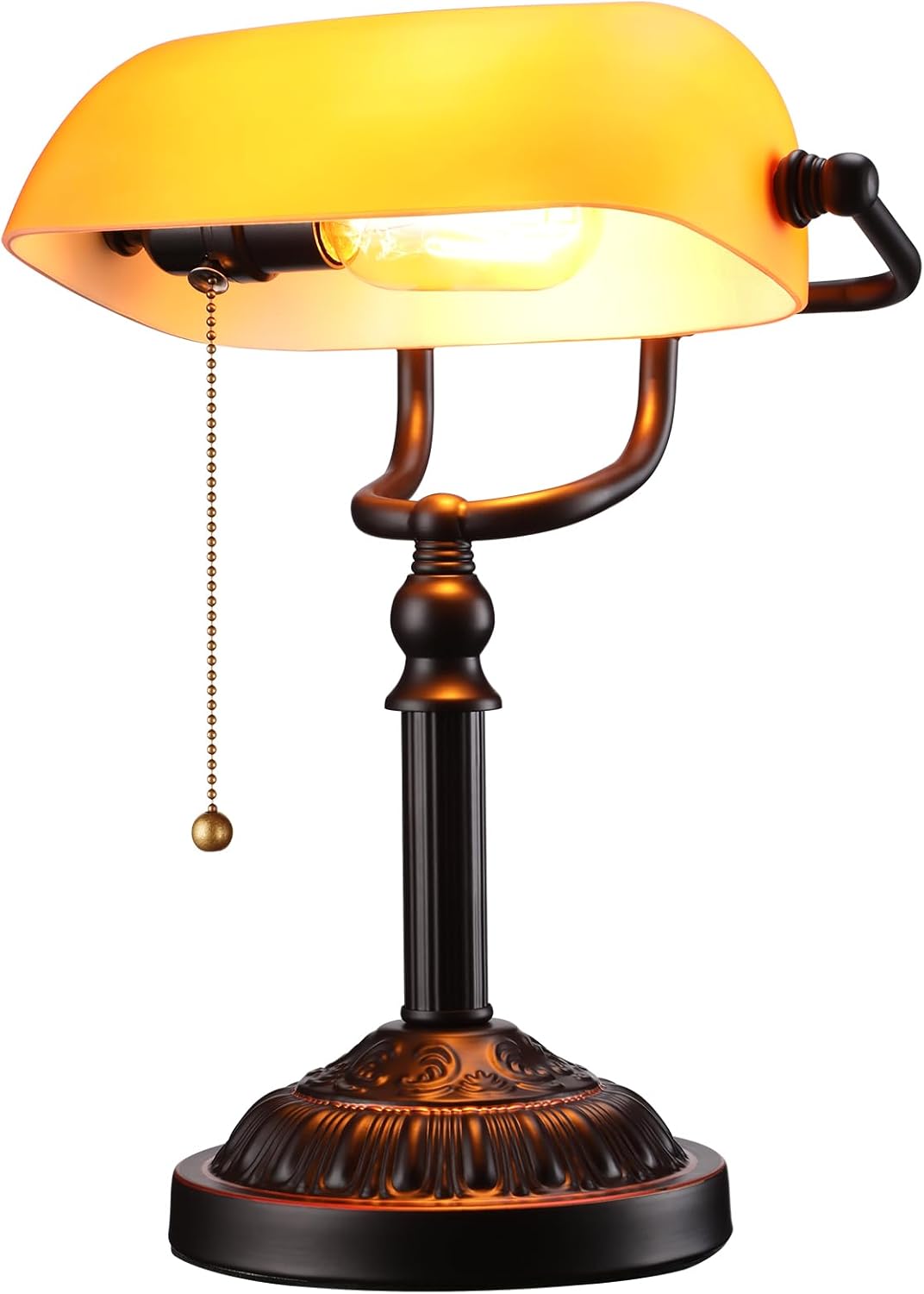 TORCHSTAR Amber Glass Bankers Desk Lamp, Antique Desk Lamps with Retro Weighted Base, Traditional Library Lamp with Pull Chain, E26 Base, Vintage Desk Lamp for Office, Study Room(Matted Orange)