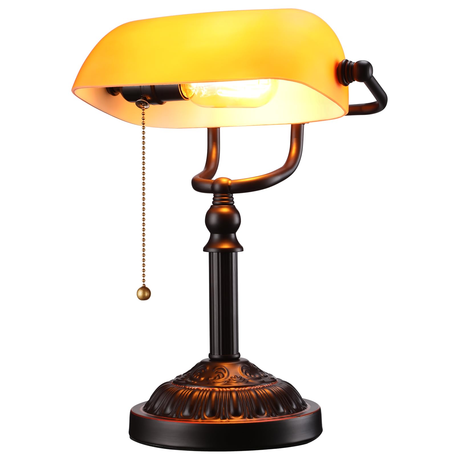 TORCHSTAR Amber Glass Bankers Desk Lamp, Antique Desk Lamps with Retro Weighted Base, Traditional Library Lamp with Pull Chain, E26 Base, Vintage Desk Lamp for Office, Study Room(Matted Orange)
