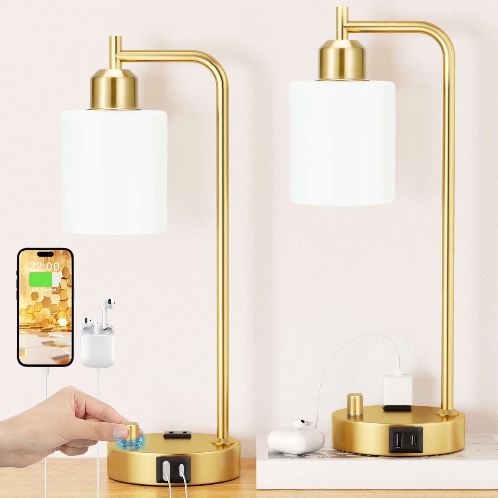Industrial Table Lamps for Bedrooms Set of 2 - Fully Dimmable Bedside Lamps with USB A and C Ports and Outlet, Black Nightstand Lamps with Glass Shade for Living Room, Desk Lamps for Office Reading