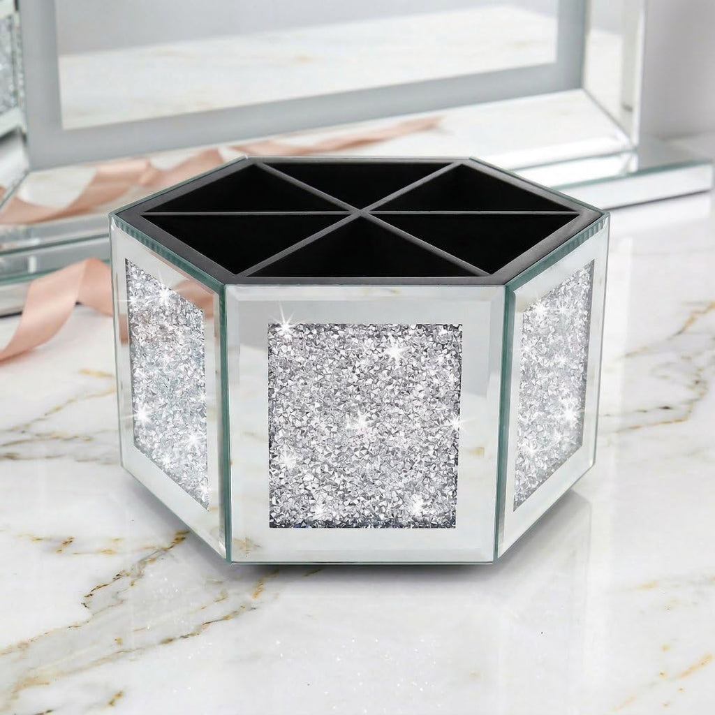Rotatable Multifunctional Jewelry Utensil Holder Hexagon Jewelry Make up Organizer Cups Crush Diamond Mirror Decor, brush/office pen cup holder Eyeliners Display Case for Vanity