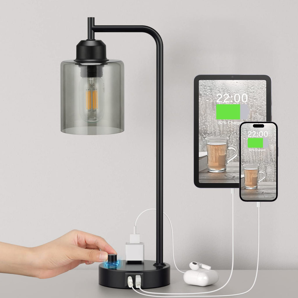 Industrial Bedside Table Lamp for Bedroom - Nightstand Lamps with USB C Charging Port, Fully Dimmable Black Ports and Outlets, Small Desk Glass Shade Office Living Room