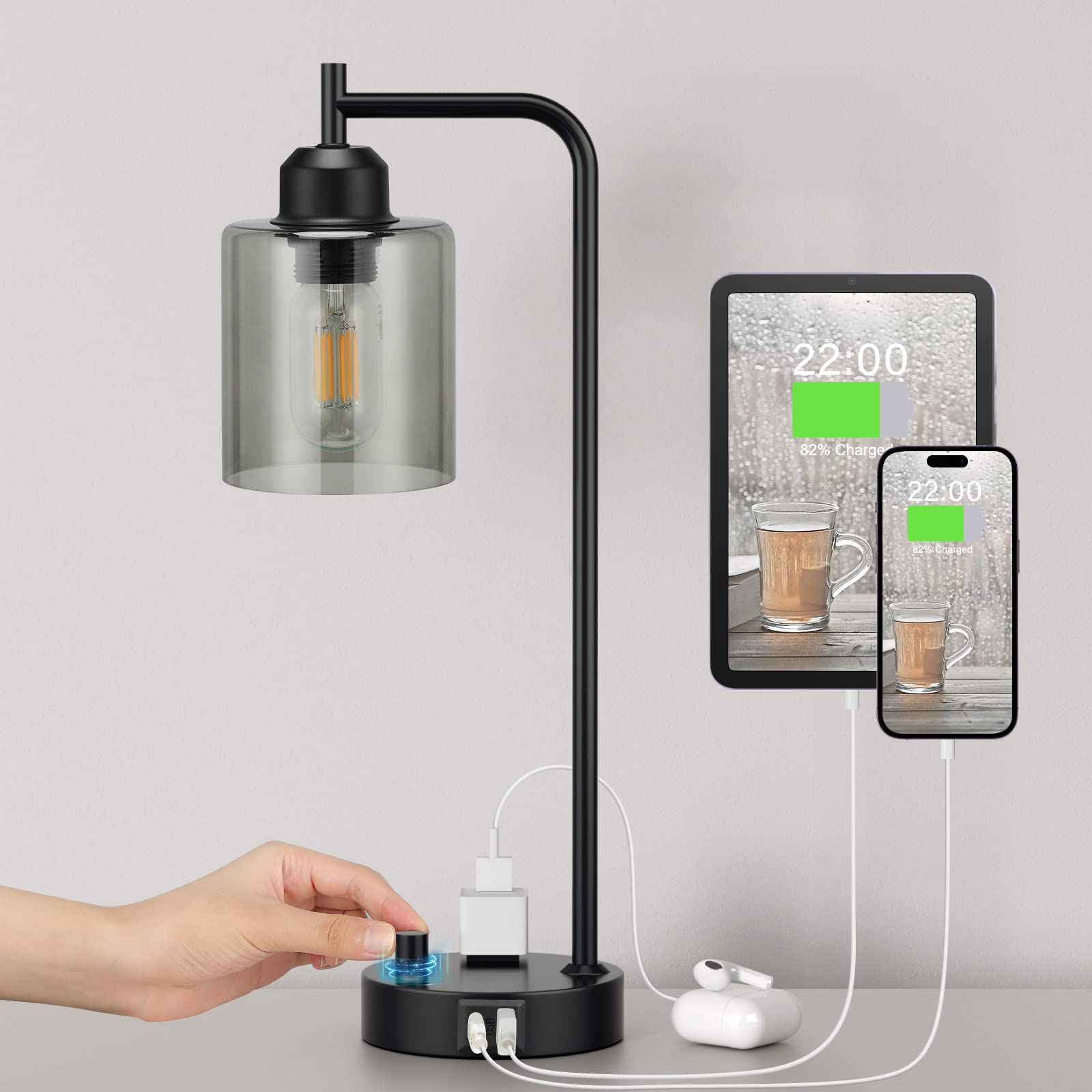Industrial Bedside Table Lamp for Bedroom - Nightstand Lamps with USB C Charging Port, Fully Dimmable Black Ports and Outlets, Small Desk Glass Shade Office Living Room