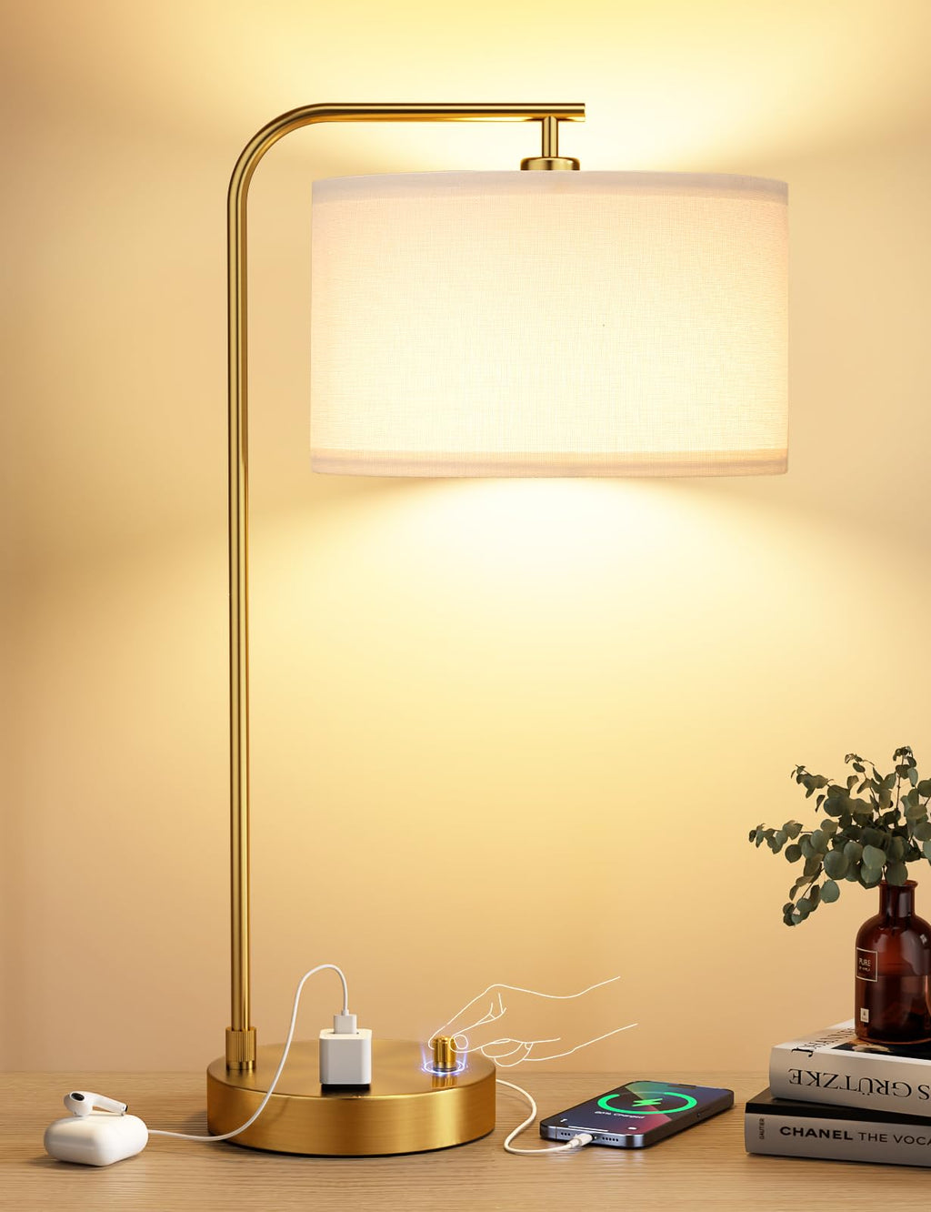 Innqoo Tall Table Lamp with USB Port and Outlet, Dimmable Nightstand Bedside Lamps with Linen Lampshade, Desk Lamp for Bedroom, Living Room, Guest Room, Home Office, LED Bulb Included