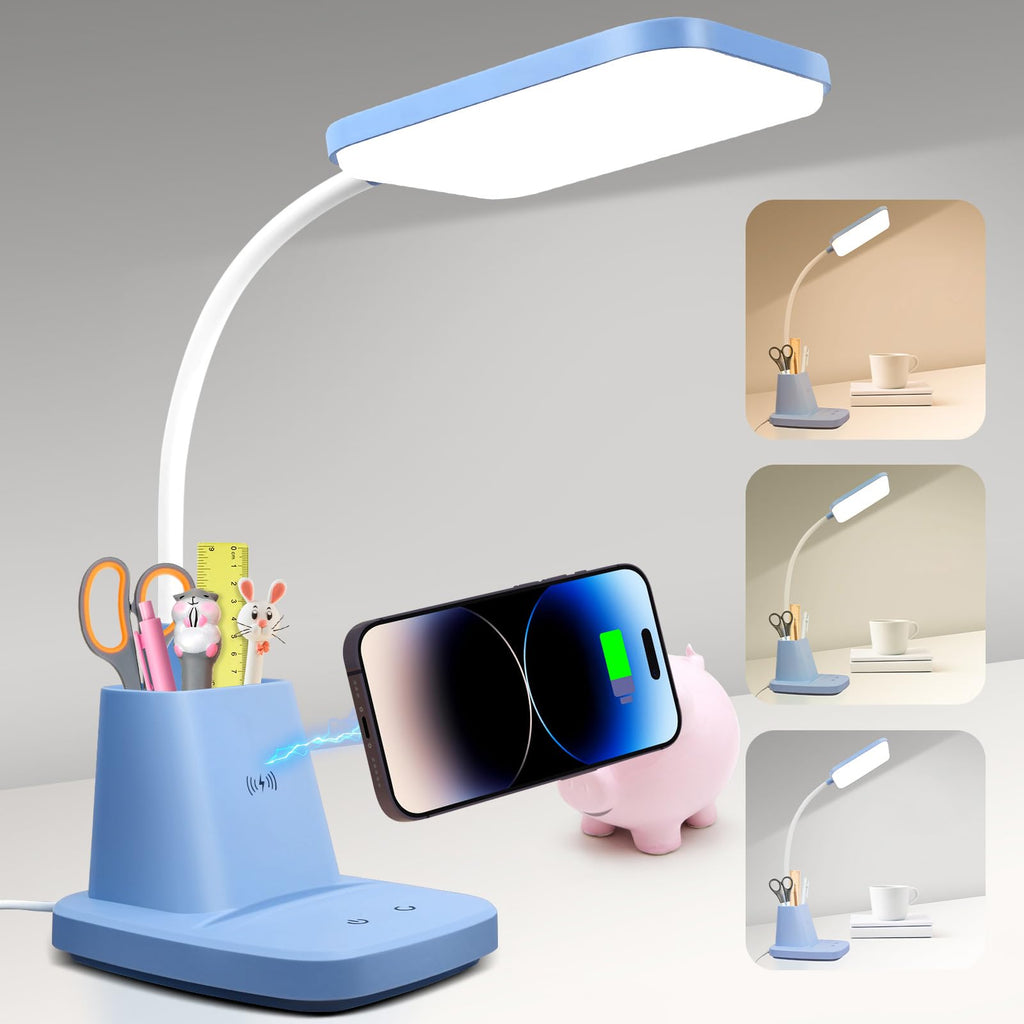 Desk Lamp, Bedside Table Lamps with Wireless Charger and Clock, 30Mins Auto-Off Night Light Lamp, 3 Color Modes Dimmable Touch 800LM CRI 95, LED Desk Lamps for Home Office, Adapter Included