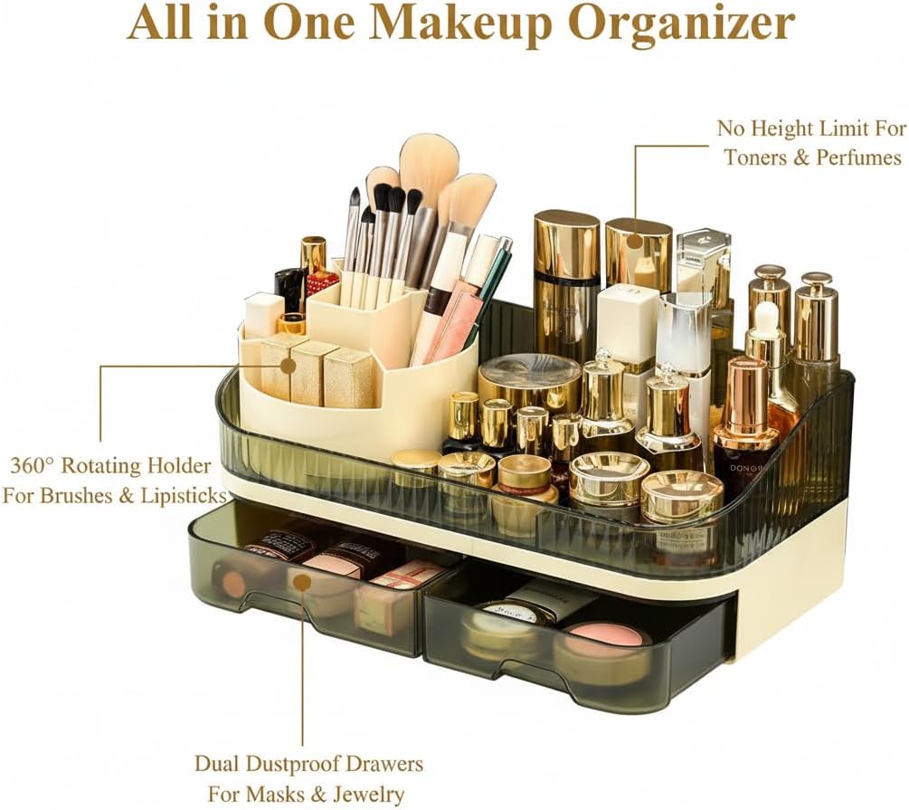 Makeup Organizer Countertop with Dual Drawers, Large Capacity Cosmetic Storage for Vanity Bathroom Skincare, 360° Rotating Makeup Brush Holder