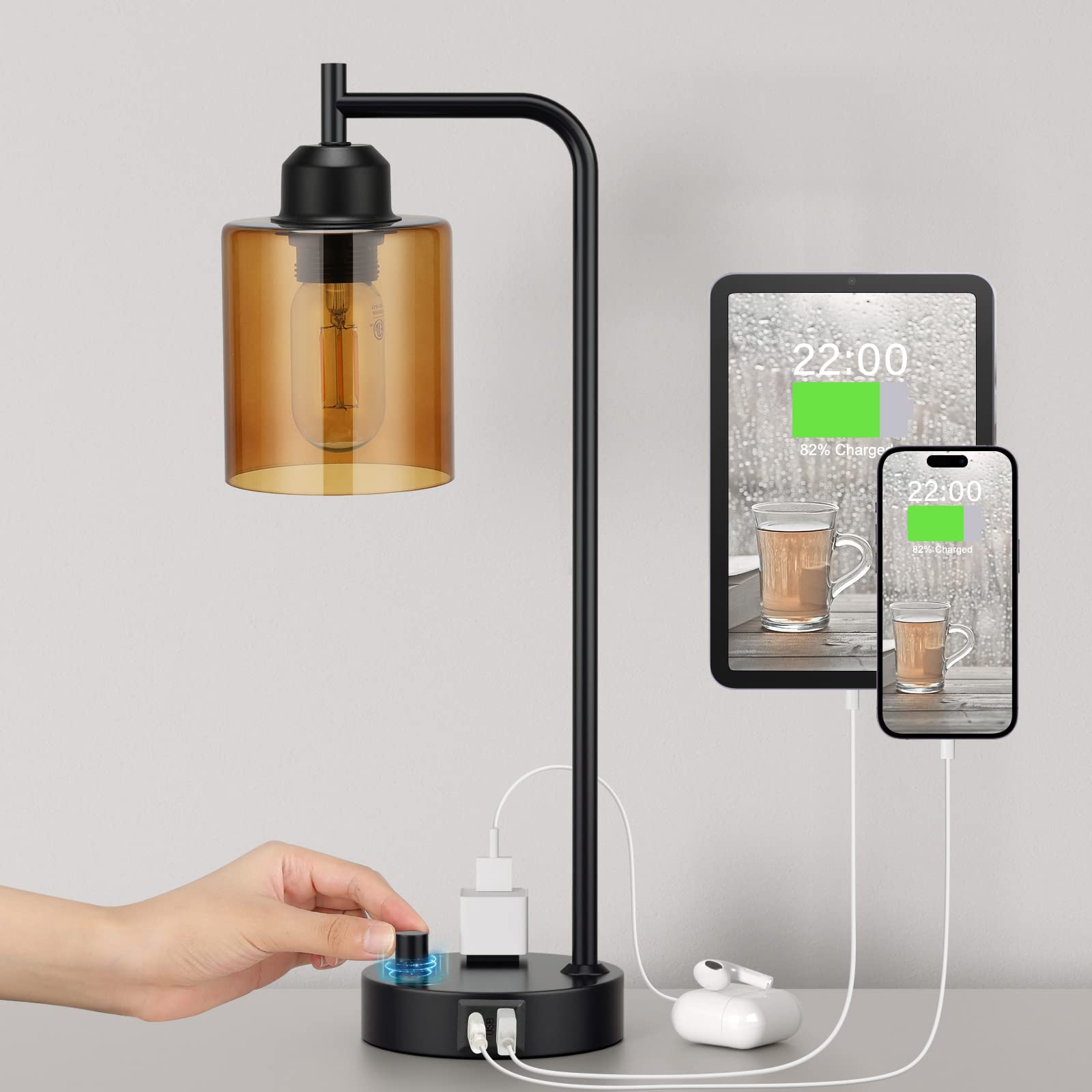 Industrial Bedside Table Lamp for Bedroom - Nightstand Lamps with USB C Charging Port, Fully Dimmable Black Ports and Outlets, Small Desk Glass Shade Office Living Room