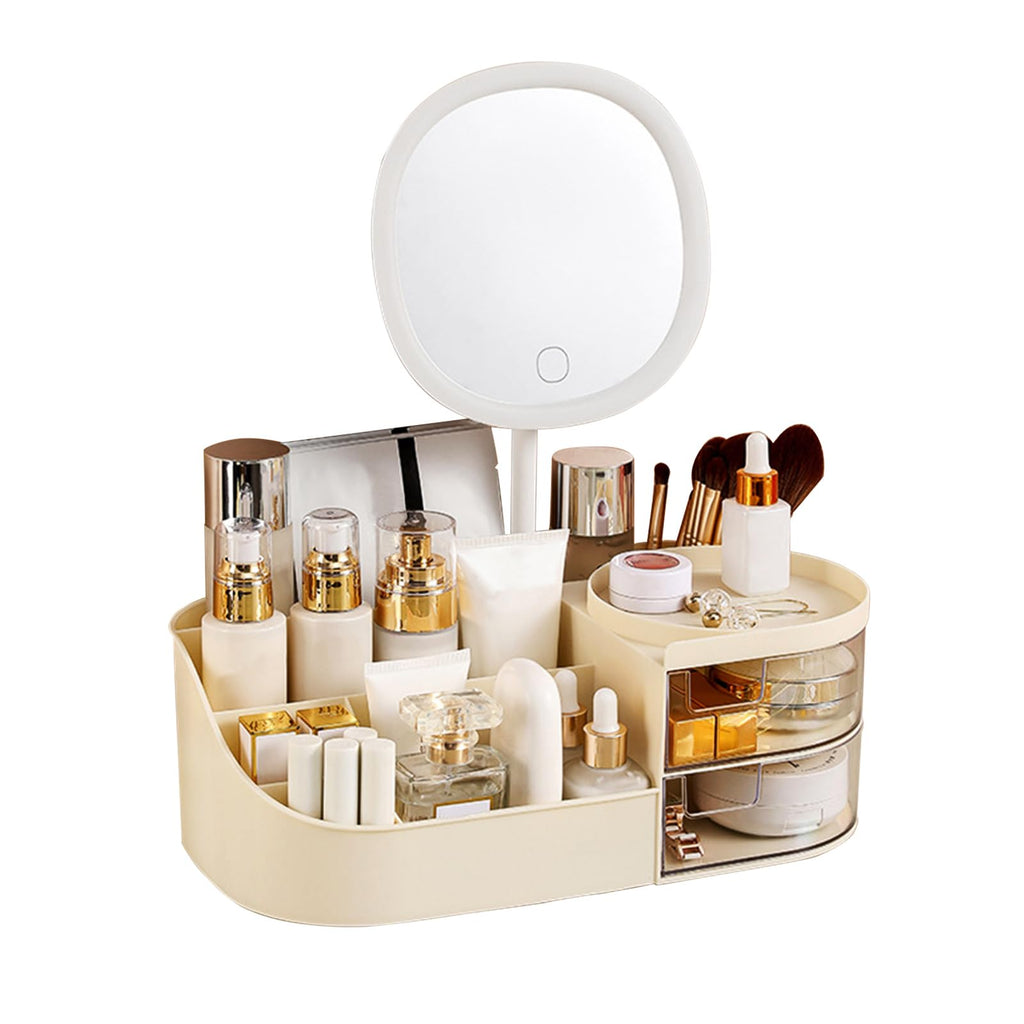 DASITON Makeup Organizer with Rechargeable Mirror,Makeup Brush Holder with 2 Drawers,Skincare and Cosmetics Organizer Countertop,Large Capacity Cosmetic Display Case for Vanity,Bedroom,Bathroom(Green)