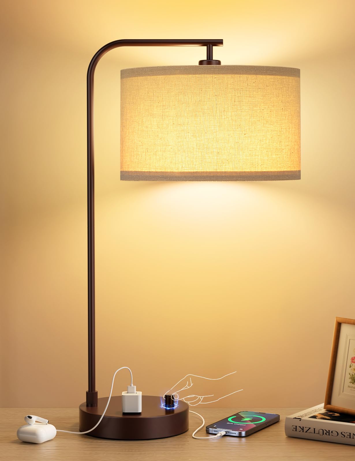 Innqoo Tall Table Lamp with USB Port and Outlet, Dimmable Nightstand Bedside Lamps with Linen Lampshade, Desk Lamp for Bedroom, Living Room, Guest Room, Home Office, LED Bulb Included