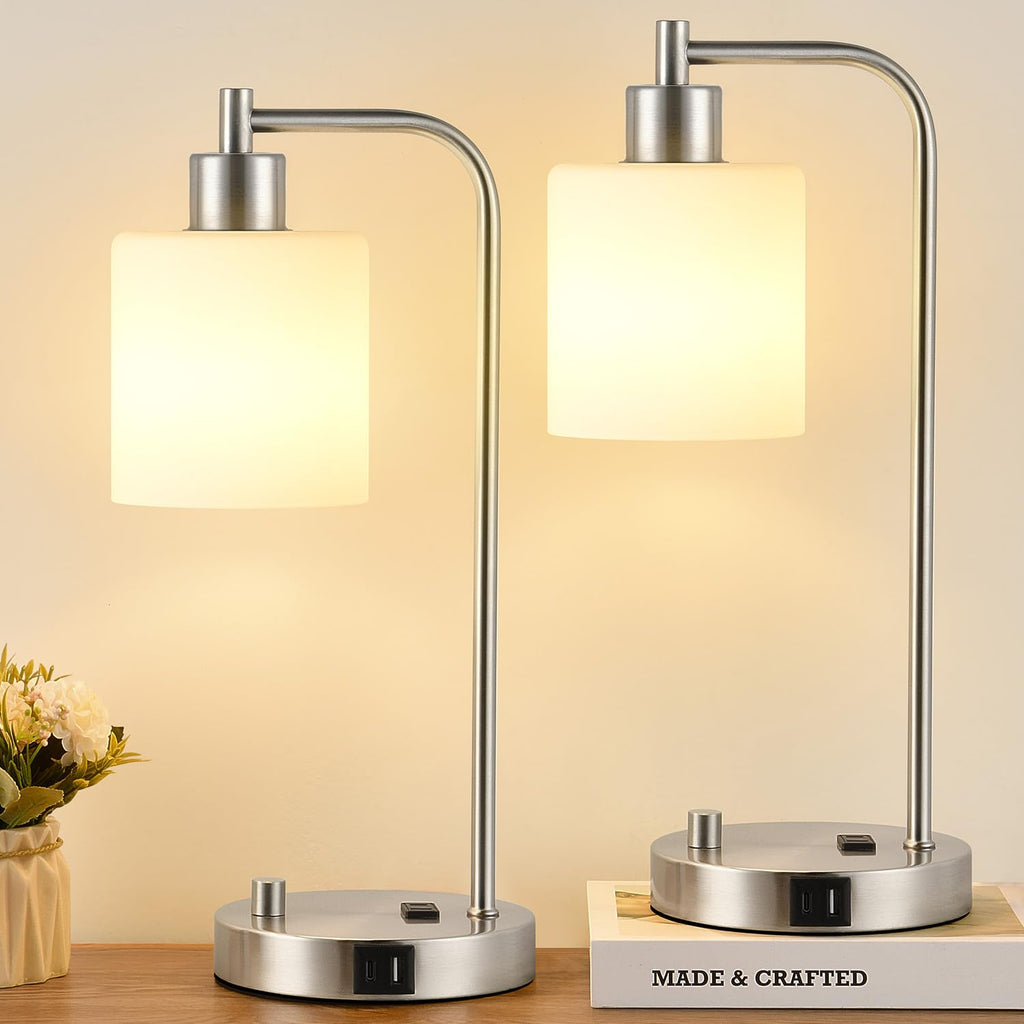 Set of 2 Industrial Table Lamps with USB C+A Ports and Outlet, Fully Stepless Dimmable Bedside Lamps for Bedrooms, Nightstand Desk Lamp with Glass Shade for Reading Living Room Office (Bulbs Included)