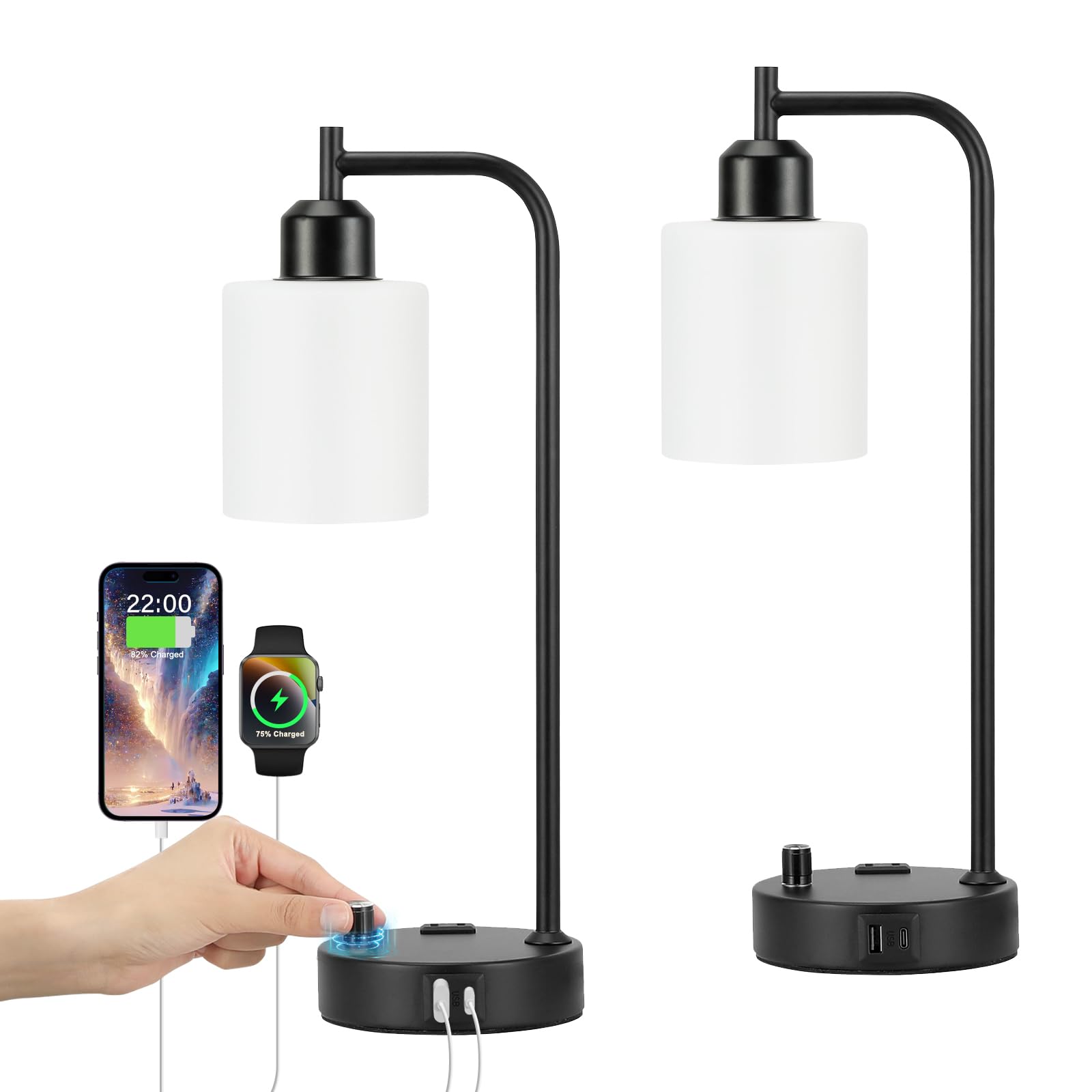 Industrial Table Lamps for Bedrooms Set of 2 - Fully Dimmable Bedside Lamps with USB A and C Ports and Outlet, Black Nightstand Lamps with Glass Shade for Living Room, Desk Lamps for Office Reading